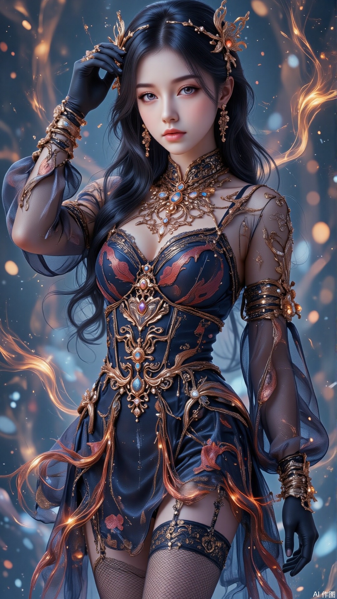 luxueqi,lvjing,baoshi,jingni,1girl,solo,fishnets,long hair,dress,black hair,gloves,pantyhose,2,cover,gradient background,close-up details,outstanding style,adding a touch of dimension to your images without compromising details,close-up,