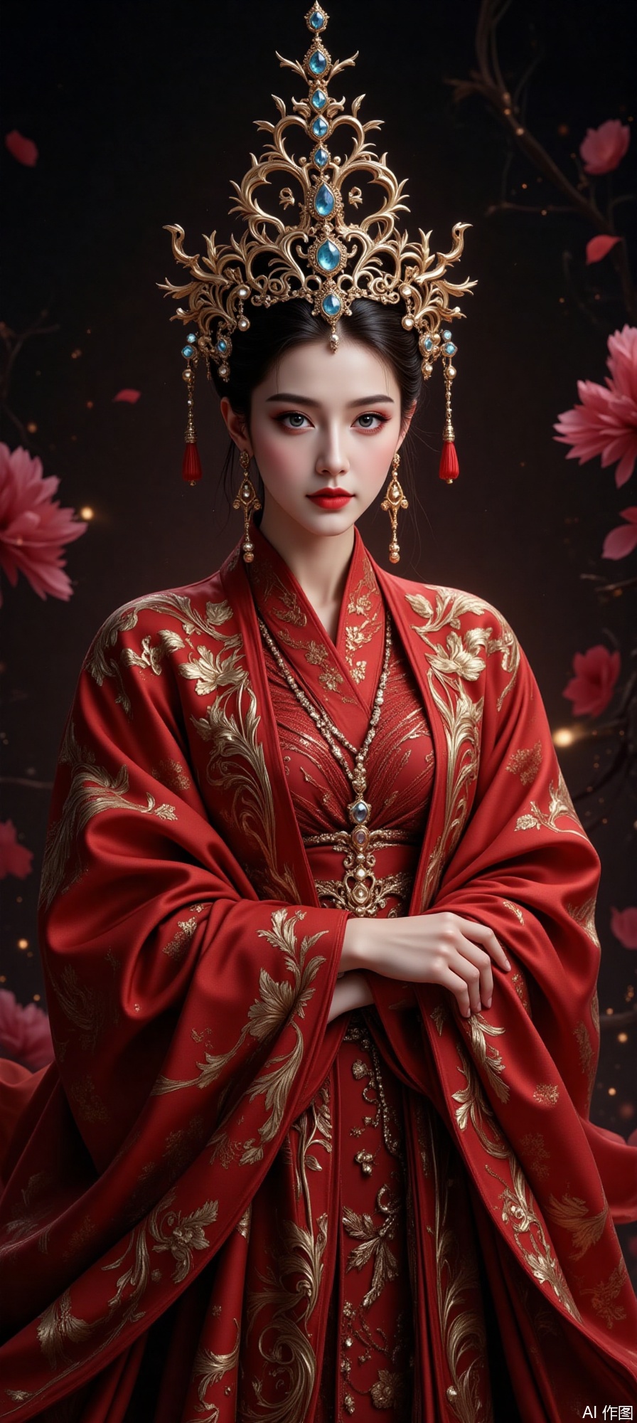 The image depicts a woman dressed in an elaborate traditional outfit, likely inspired by East Asian fashion. She is wearing a richly embroidered red robe with gold patterns, which is complemented by a matching red dress underneath. Her headdress is ornate, featuring intricate gold designs and blue gemstones, adding to her regal appearance. The background is dark with subtle, glowing particles and floral elements, creating a mystical and elegant atmosphere. The woman's makeup is striking, with bold red lipstick and detailed eye makeup, enhancing her overall regal look.