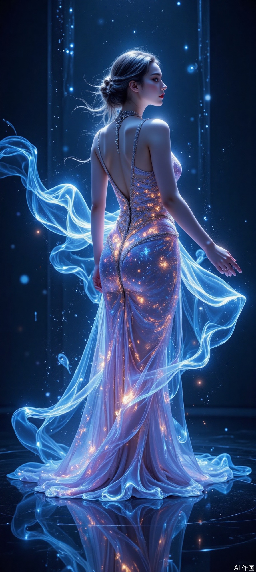 A woman in a surrealist portrait wearing a nebula dress, with her skirt flowing like a galaxy. The style fuses cosmic sci-fi with classical oil painting, creating a grand and mysterious visual impact. Ethereal blue starlight converges from all sides, illuminating her face and the dazzling details of the dress. Her skin is smooth as ivory, and the skirt is composed of twinkling stars and flowing light ribbons. Rendered with thick oil paint strokes combined with digital light effects, emphasizing both texture and dreaminess. Against a deep blue-black background, the silver and lavender nebula-like skirt creates a striking interplay of warm and cool tones. Using an S-shaped composition, the curve of the skirt guides the viewer’s eye through the entire image. From a high-angle overhead shot, the vastness of the cosmic scene is emphasized.,plbj,digital-art,plns,cool and glamorous,sparkling dress,double-exposure,surrealism
