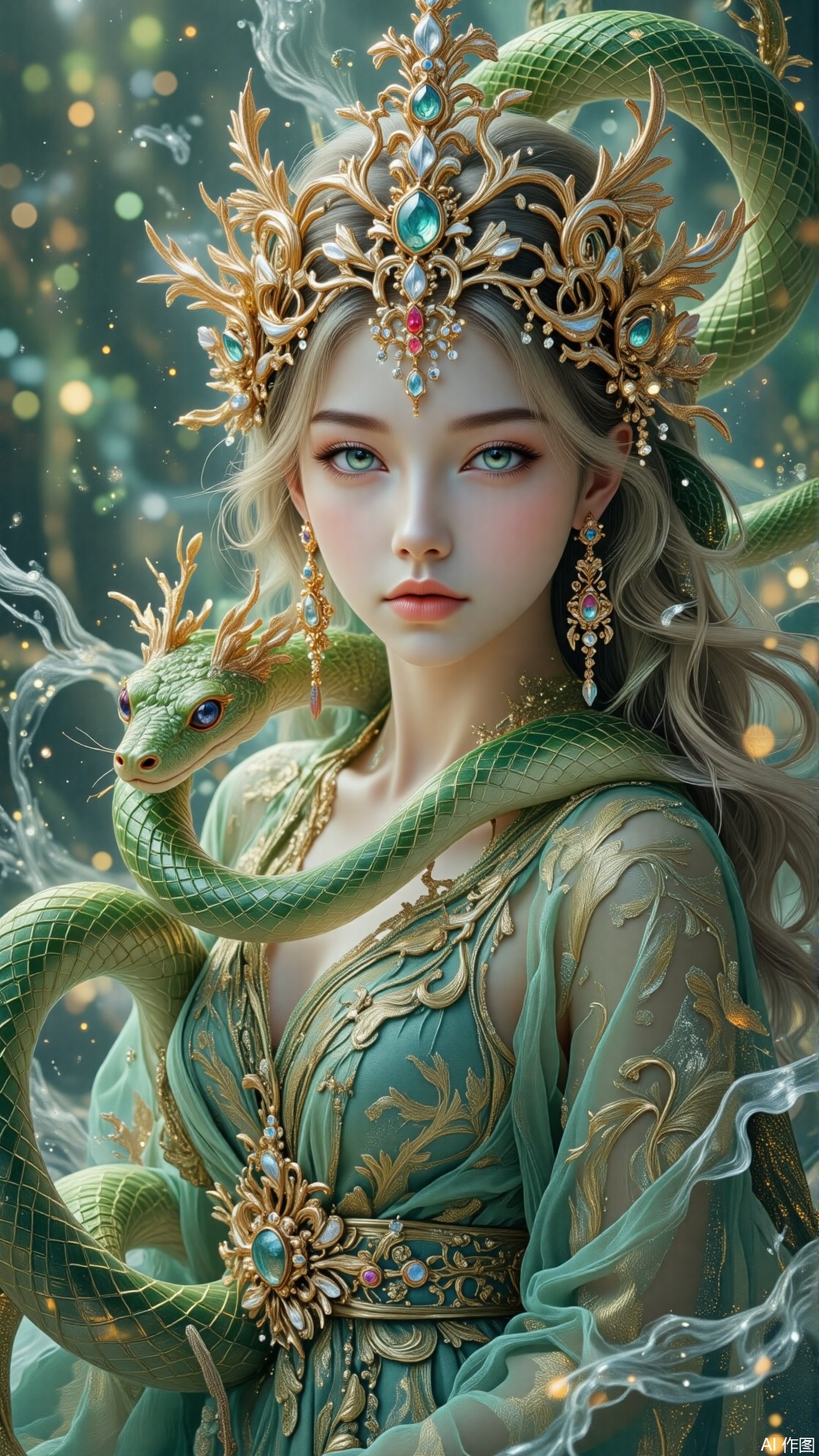 Masterful digital painting of a stunning woman, inspired by Giuseppe Castiglione's classic oriental style, combining fantasy and traditional Chinese aesthetics. The woman has alabaster white skin, strong facial features and rosy cheekbones, with well-defined pink lips. Her piercing green eyes are framed by straight, perfectly outlined eyebrows. She has flowing blonde hair with subtle greenish undertones. She wears an intricate golden headdress adorned with blue, green and red gemstones, paired with long golden earrings inlaid with white stones. Her outfit is a sheer green chiffon robe with a plunging neckline, complemented by a wide golden belt adorned with green and white gems. Her lower body seamlessly transforms into an elegant green snake, coiling beautifully as she floats in a turbulent river. The scene features a dreamlike background of swirling mist, sparkling water and lush textures. Cinematic lighting highlights her serene and calm expression, adding a surreal yet harmonious atmosphere. Predominantly green hues dominate the composition, accented with bright, rich details to enhance visual depth. The image combines detailed textures, intricate patterns, and a soft, ethereal glow for a visually captivating masterpiece. Hyperrealistic painting, Cinematic lighting, Oriental fantasy, Surreal harmony, Intricate details, Dreamlike atmosphere, High resolution (8k), Ethereal glow, Detailed textures, Vibrant color accents.,Sparkle Glowing,KiSS,Sparkle Glowing,BeautySnake_flx