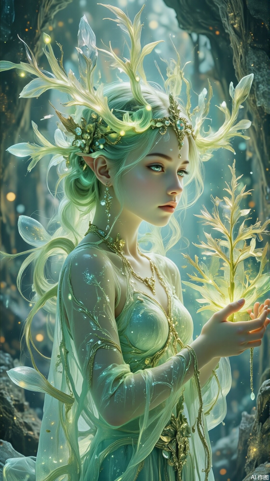 An elven girl with semi-transparent skin holds a glowing crystal tree and is situated in a floating crystal cave. Pale green rim light seeps through the cracks of the cave, illuminating her eyes that shimmer with faint light. With a soft color scheme of mint green and pearl white, combined with the rule of thirds composition, a high-definition visual feast of surrealism with delicate and realistic rendering is achieved..,surrealism,digital-art,double-exposure