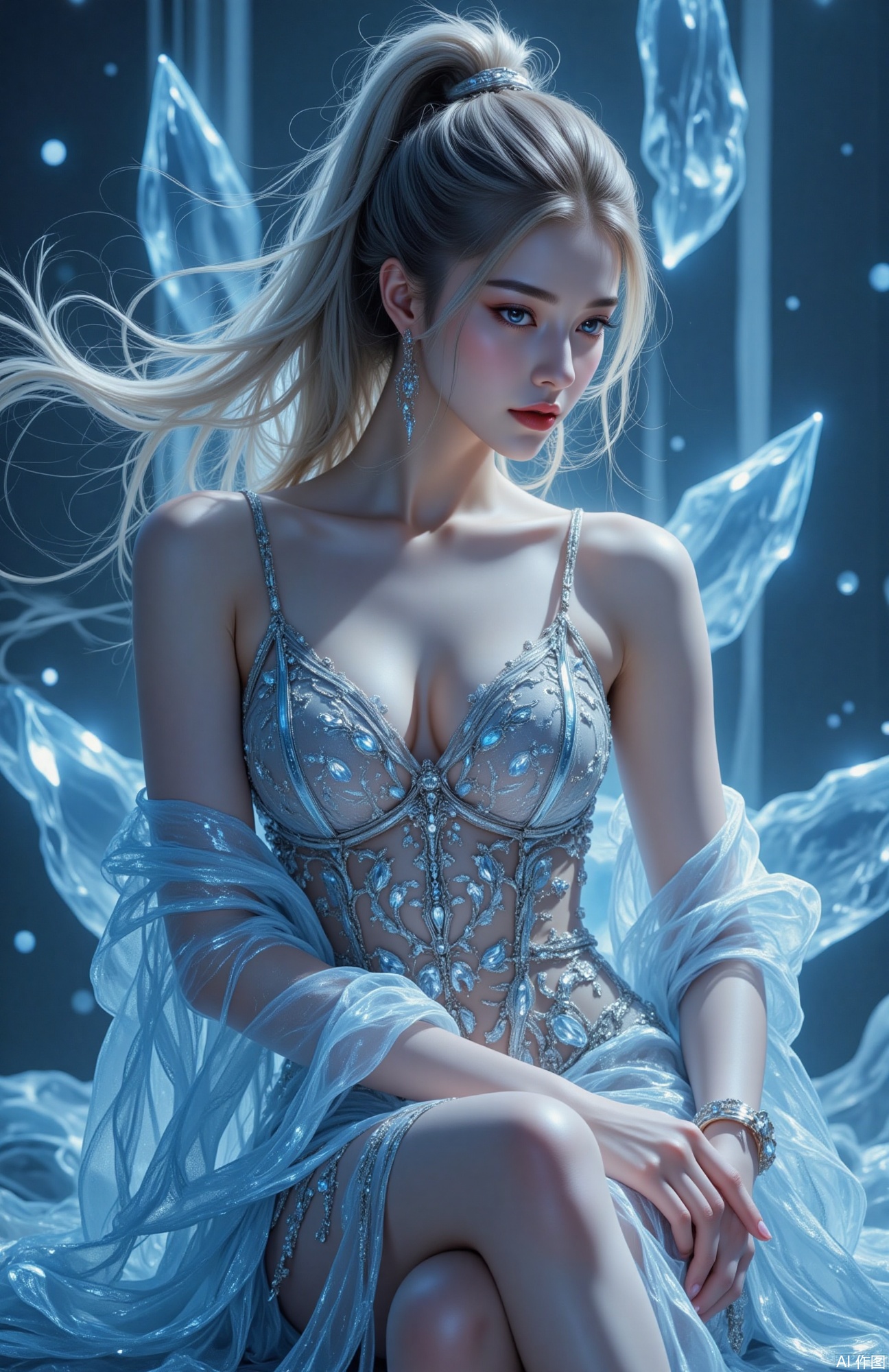 A 23-year-old beauty with exquisite makeup, red lips, (multiple hair colors), long hair, high ponytail, big breasts, sexy spaghetti straps transparent lace dress, with ice crystals on the dress decorate. solo. Masterpiece, best quality, ultra high definition, 4k, high contrast, bokeh: 1.2, dynamic poses, perfect face shape, perfect proportions, slim waist, fair skin, natural full breasts. Tall and well-proportioned, with perfectly long legs and high heels. (Realism: 1.2), (Sharp Focus), (Distribution: 1.2), (Splitting: 1.3), (Ambient Light), (Transparent Ice, Transparent Ice: 1.5).