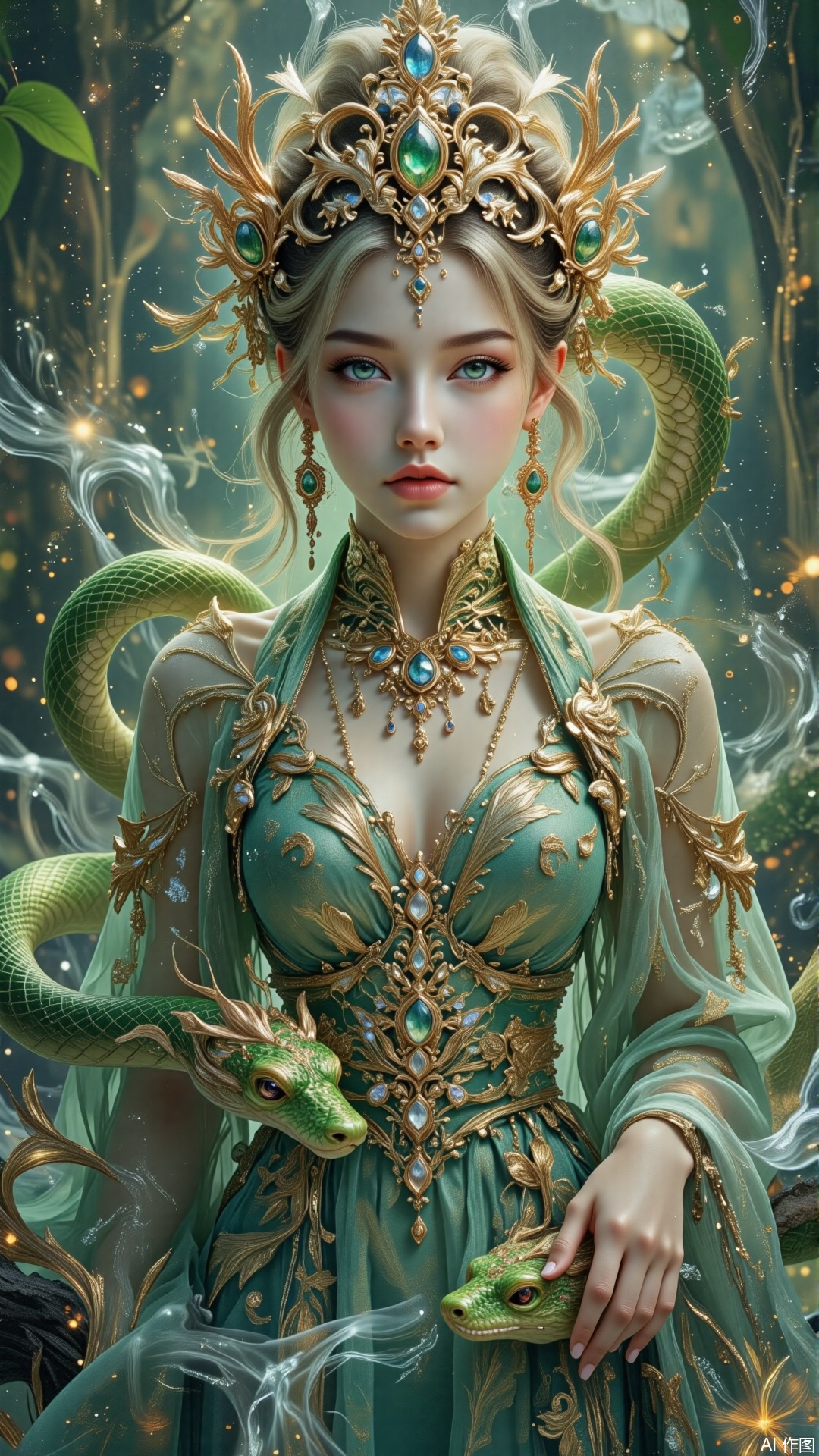 Masterful digital painting of a stunning woman, inspired by Giuseppe Castiglione's classic oriental style, combining fantasy and traditional Chinese aesthetics. The woman has alabaster white skin, strong facial features and rosy cheekbones, with well-defined pink lips. Her piercing green eyes are framed by straight, perfectly outlined eyebrows. She has flowing blonde hair with subtle greenish undertones. She wears an intricate golden headdress adorned with blue, green and red gemstones, paired with long golden earrings inlaid with white stones. Her outfit is a sheer green chiffon robe with a plunging neckline, complemented by a wide golden belt adorned with green and white gems. Her lower body seamlessly transforms into an elegant green snake, coiling beautifully as she floats in a turbulent river. The scene features a dreamlike background of swirling mist, sparkling water and lush textures. Cinematic lighting highlights her serene and calm expression, adding a surreal yet harmonious atmosphere. Predominantly green hues dominate the composition, accented with bright, rich details to enhance visual depth. The image combines detailed textures, intricate patterns, and a soft, ethereal glow for a visually captivating masterpiece. Hyperrealistic painting, Cinematic lighting, Oriental fantasy, Surreal harmony, Intricate details, Dreamlike atmosphere, High resolution (8k), Ethereal glow, Detailed textures, Vibrant color accents.,Sparkle Glowing,KiSS,Sparkle Glowing,BeautySnake_flx