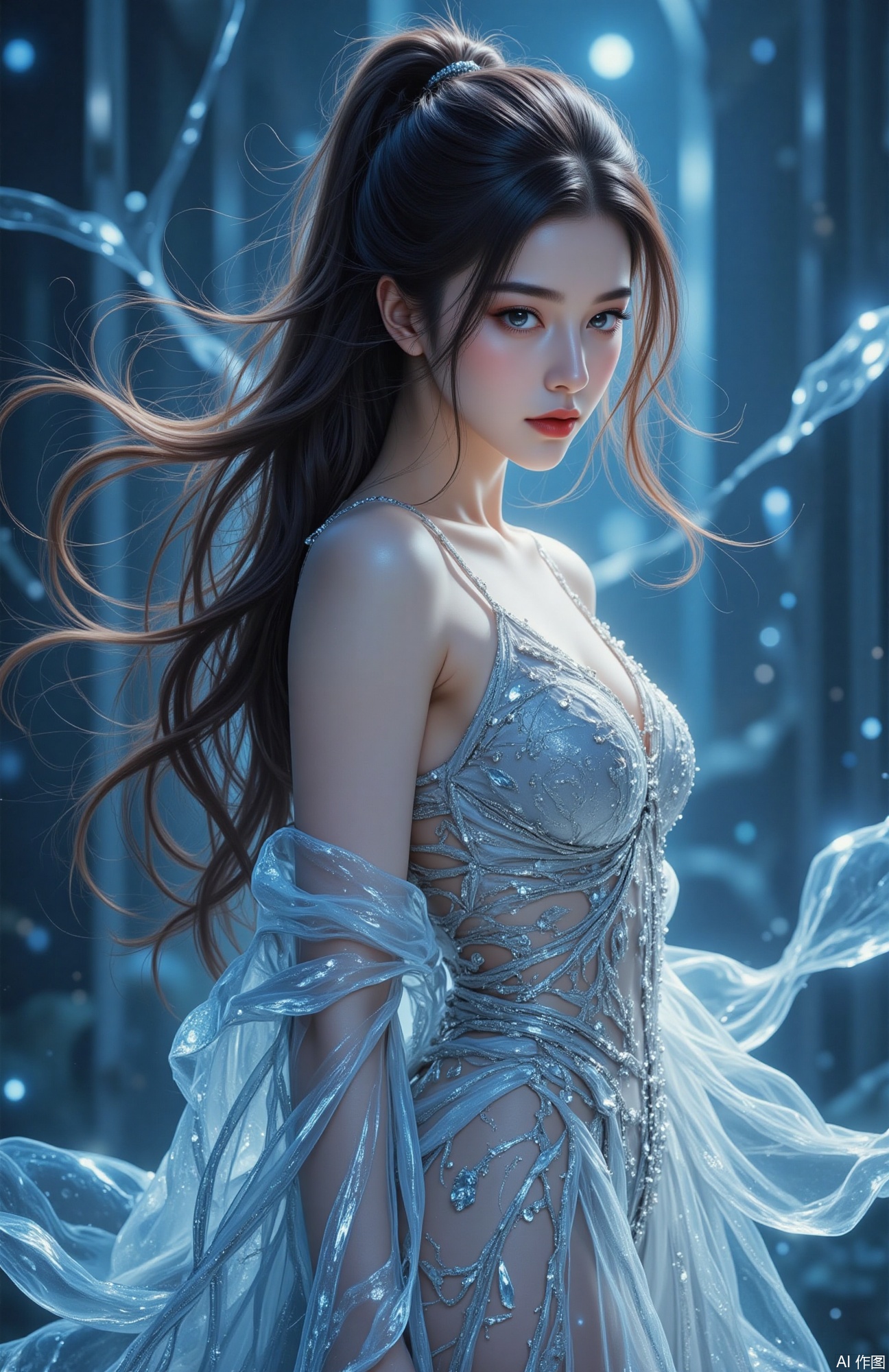 A 23-year-old beauty with exquisite makeup, red lips, (multiple hair colors), long hair, high ponytail, big breasts, sexy spaghetti straps transparent lace dress, with ice crystals on the dress decorate. solo. Masterpiece, best quality, ultra high definition, 4k, high contrast, bokeh: 1.2, dynamic poses, perfect face shape, perfect proportions, slim waist, fair skin, natural full breasts. Tall and well-proportioned, with perfectly long legs and high heels. (Realism: 1.2), (Sharp Focus), (Distribution: 1.2), (Splitting: 1.3), (Ambient Light), (Transparent Ice, Transparent Ice: 1.5).