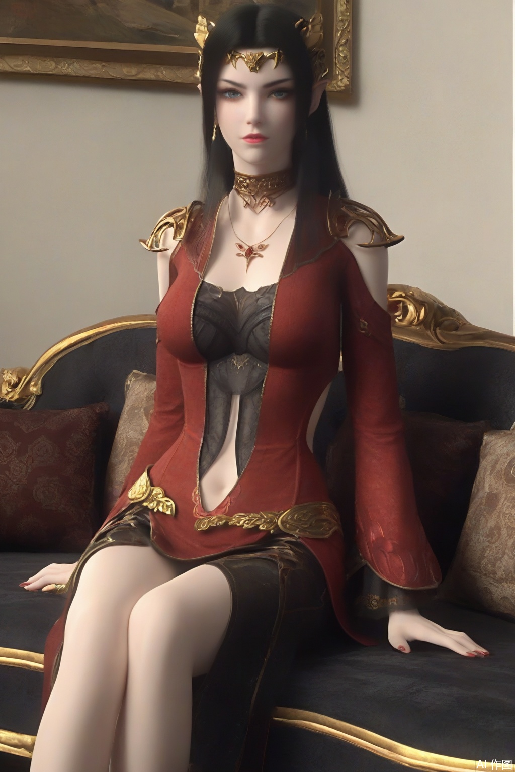 score_9_up,1girl, solo, long hair, breasts, looking at viewer, blue eyes, black hair, dress, jewelry, earrings, pointy ears, necklace, clothing cutout, red dress/black lace,navel cutout,MDS,indoor,sitting on the couch,