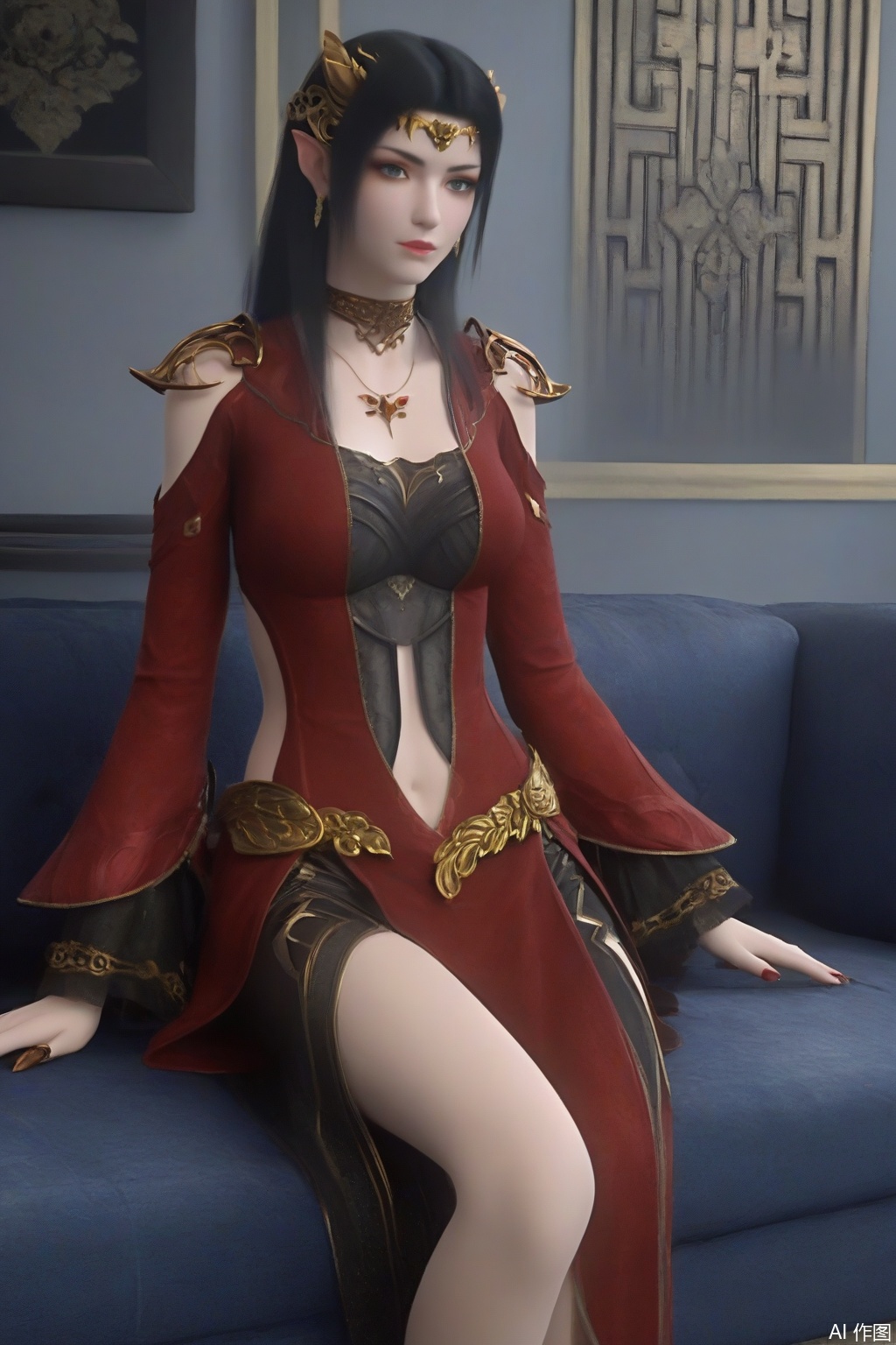 score_9_up,1girl, solo, long hair, breasts, looking at viewer, blue eyes, black hair, dress, jewelry, earrings, pointy ears, necklace, clothing cutout, red dress/black lace,navel cutout,MDS,indoor,sitting on the couch,