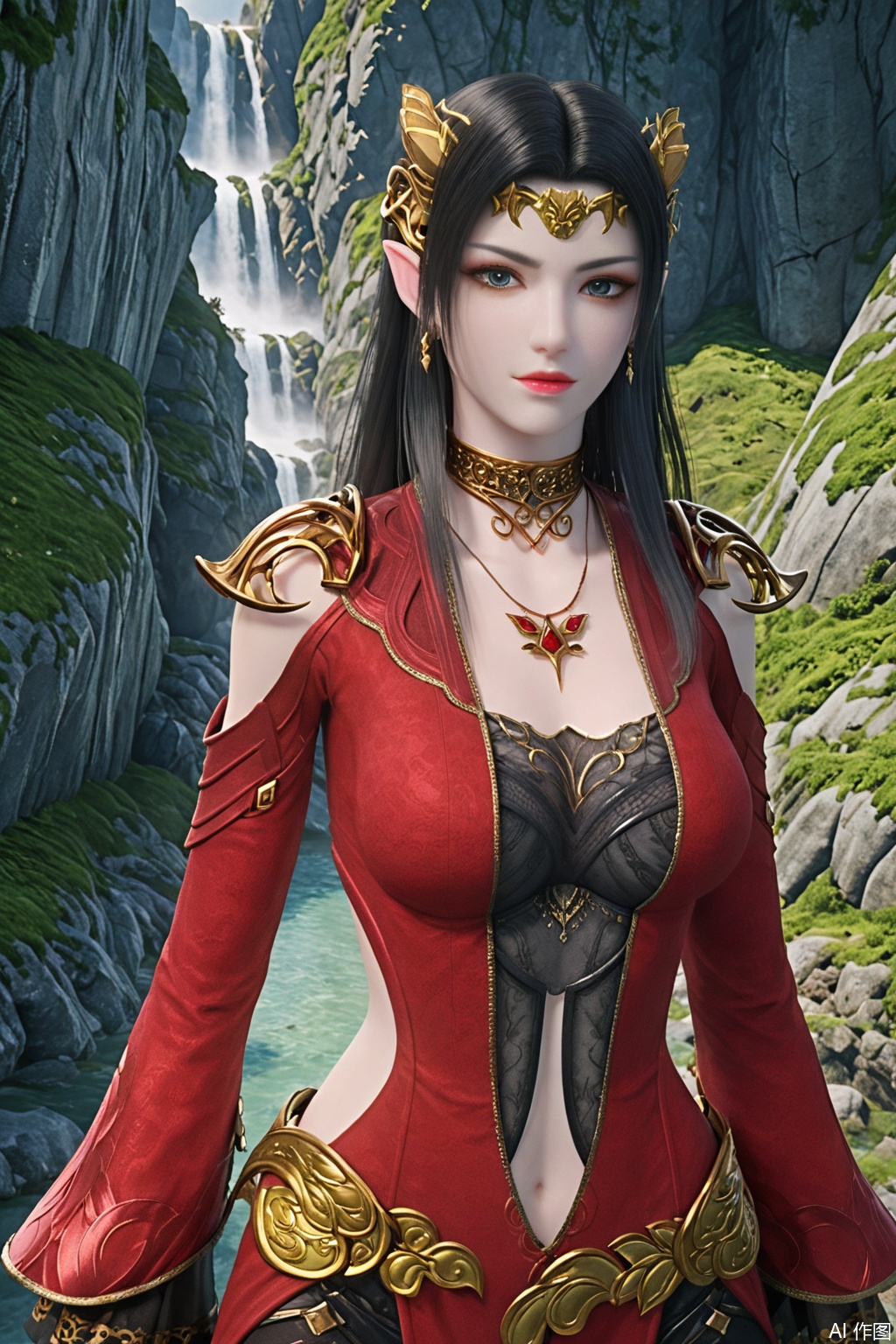 score_9_up,1girl, solo, long hair, breasts, looking at viewer, blue eyes, black hair, dress, jewelry, earrings, pointy ears, necklace, clothing cutout, red dress/black lace,navel cutout,MDS