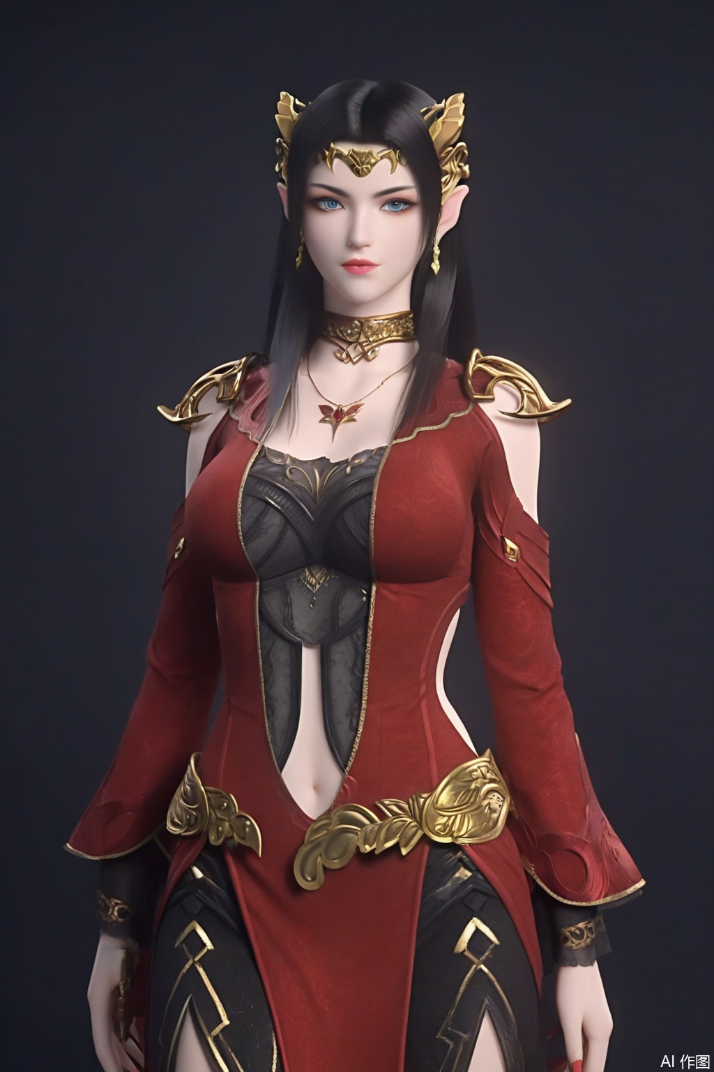 score_9_up,1girl, solo, long hair, breasts, looking at viewer, blue eyes, black hair, dress, jewelry, earrings, pointy ears, necklace, clothing cutout, red dress/black lace,navel cutout,MDS