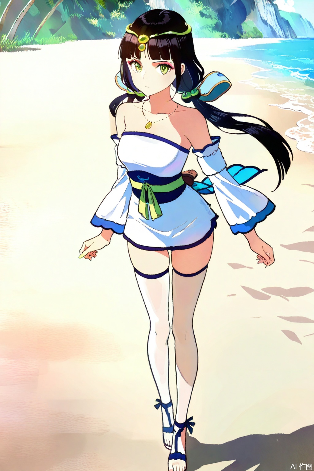 1girl, solo, green eyes,black hair, twintails,circlet, necklace,strapless dress, white dress,sash, short dress,detached sleeves,, sandals,masterpiece,best quality,official art,extremely detailed CG unity 8k wallpaper,Thigh exposed,thighhighs,looking at viewer,on the beach,on the beach,
