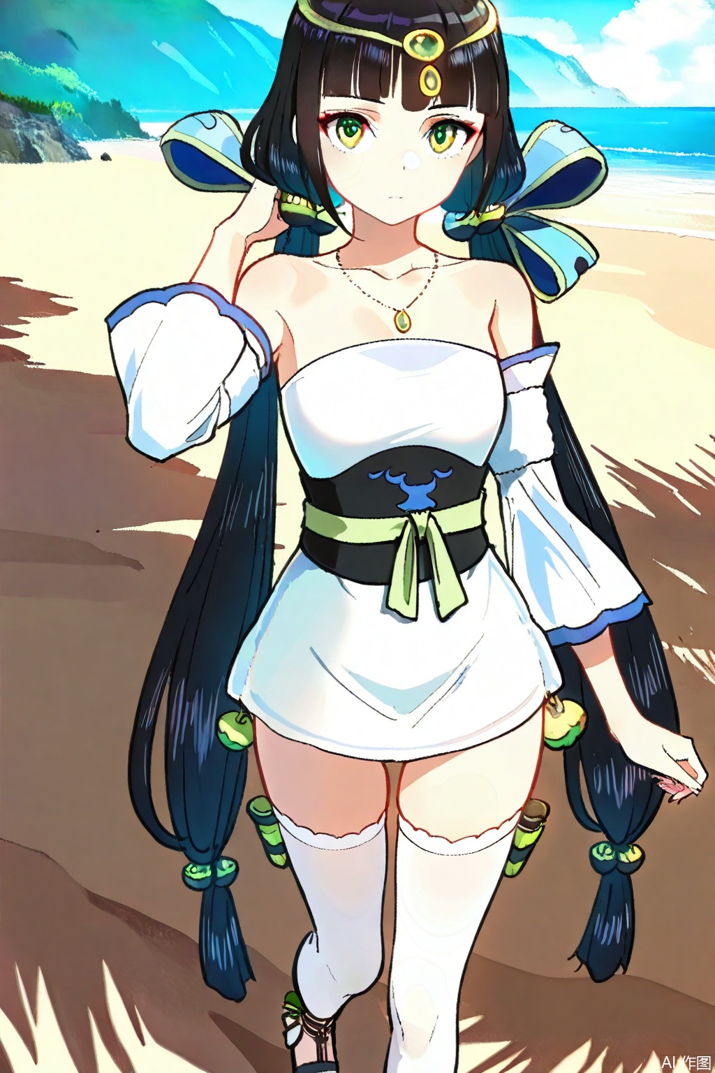 1girl, solo, green eyes,black hair, twintails,circlet, necklace,strapless dress, white dress,sash, short dress,detached sleeves,, sandals,masterpiece,best quality,official art,extremely detailed CG unity 8k wallpaper,Thigh exposed,thighhighs,looking at viewer,on the beach,on the beach,
