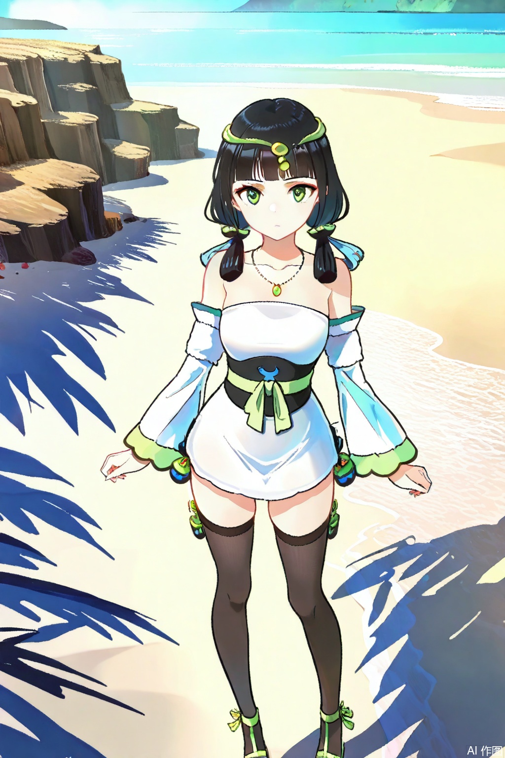 1girl, solo, green eyes,black hair, twintails,circlet, necklace,strapless dress, white dress,sash, short dress,detached sleeves,, sandals,masterpiece,best quality,official art,extremely detailed CG unity 8k wallpaper,Thigh exposed,thighhighs,looking at viewer,on the beach,on the beach,
