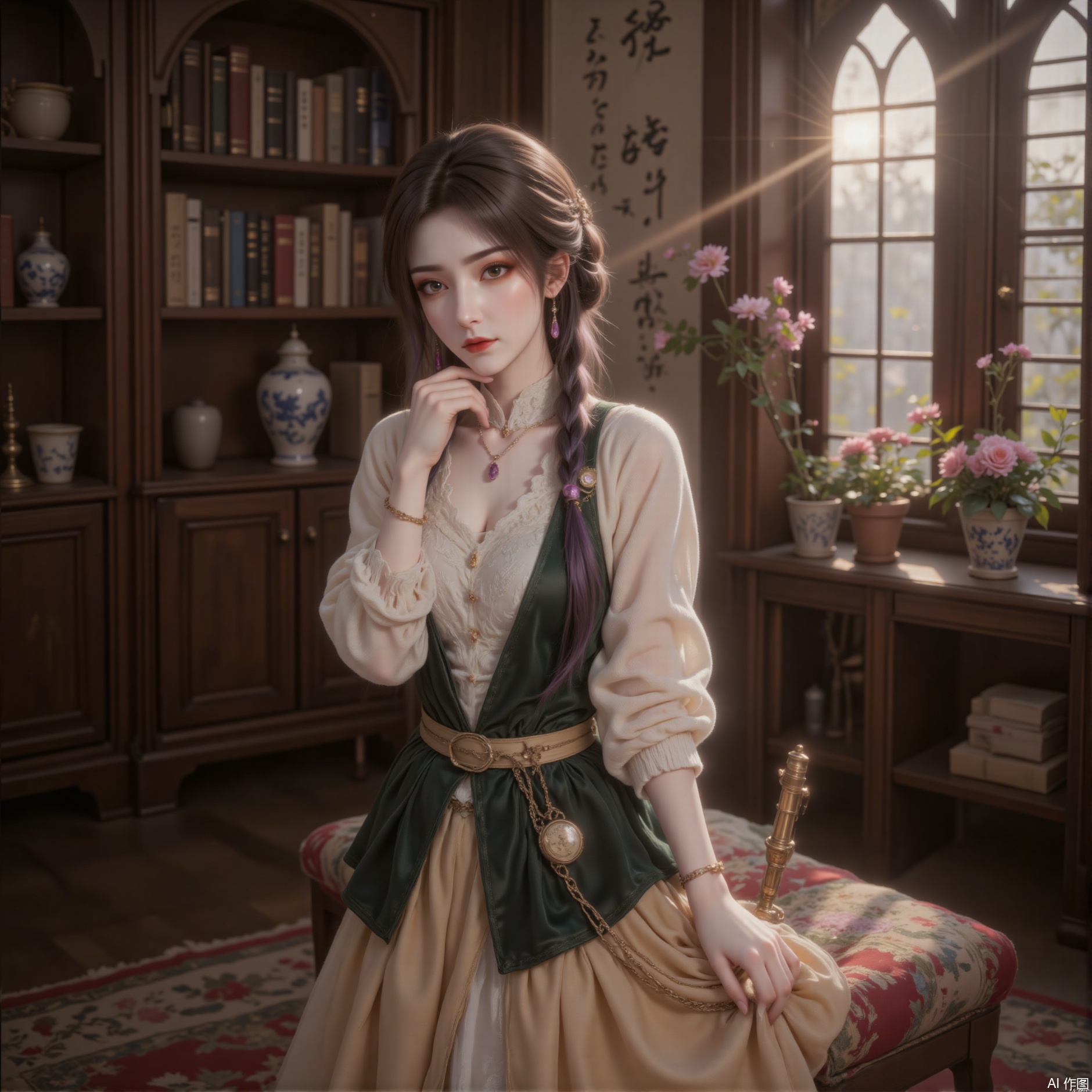 Character subject:
"A oriental woman with a delicate face, her makeup is made of a matte peach color, her eyes are decorated with fine pearlescent, and her lips are matte rose bean paste. Her hair is fluffy, wool curly hair, her hair ends are grey-purple, and her left side is braided with three crystal braids. Her lazily poses on her side, her left hand lightly supports her jaw, and her right hand naturally hangs down to hold a retro bronze telescope."

Clothing details:
"Wearing a Victorian-style dress, the top is made of ivory white lace stand-up collar, dark green velvet waistcoat vest, and the hem is a fishtail skirt made of gradient champagne-colored taffeta. A brass pocket watch chain is hung around the waist, an oval-cut moonstone pendant is worn on the neck, and amethyst tassel earrings are swaying on the ears."

Light and shadow portrayal:
"The 45-degree side backlight creates dramatic lighting, the face is shrouded in soft diffuse light, and the pleats of the skirt form a three-dimensional light and shadow. The background wall reflects a vague projection of Venetian blinds stripes, and metal accessories produce high light flares under strong light."

Art style:
"Art Nouveau style illustration, drawing on Alphonse Musha's curvilinear aesthetics, adopts a 2:3 vertical composition. Film-level shallow depth of field effect, 85mm portrait lens capture, slightly fisheye distortion enhances the tension of the picture. The mixed texture of digital watercolor and gold foil hot stamping."

Background environment:
"In a circular library with neoclassical style, the background is visible with curved walnut bookshelves, and gold-plated ancient books and blue and white porcelain vases are scattered. The ground is covered with Persian geometric wool carpets, and the mist-covered Baroque courtyard can be seen through the arched windows.