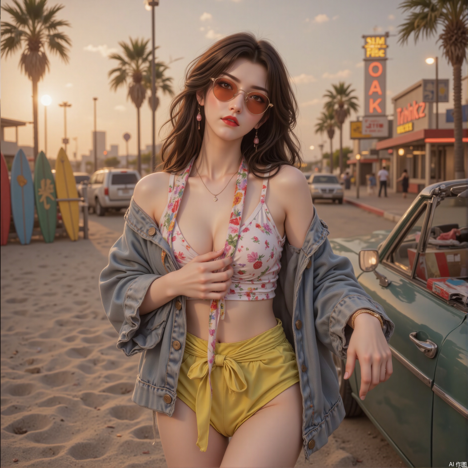 Drawing a 22-year-old retro girl with sun-tanned honey color and a few small freckles on the bridge of her nose. The eyes are painted with thick black cat eyeliner with orange pink eye shadow, and the lips are matte retro red. The hairstyle is made into fluffy wool curls, tied with a printed silk scarf, and wearing a pair of gradient sunglasses. Wearing a high-waist vintage printed bikini, oversize denim short jacket, and a fluorescent sarong tied around her waist. She was leaning against the retro convertible, holding a Polaroid camera in her hand, and a pineapple-patterned insulation box and vinyl record scattered at her feet. The background is Palm Tree Avenue in the sunset, colorful surfboards stranded on the beach, and neon lights in the motel in the distance have just lit up. 3D rendering focuses on the aging feeling of denim and the grain effect of film. The overall tone imitates the warm yellow tones of Kodak film from the 1980s, full of retro vacation style.