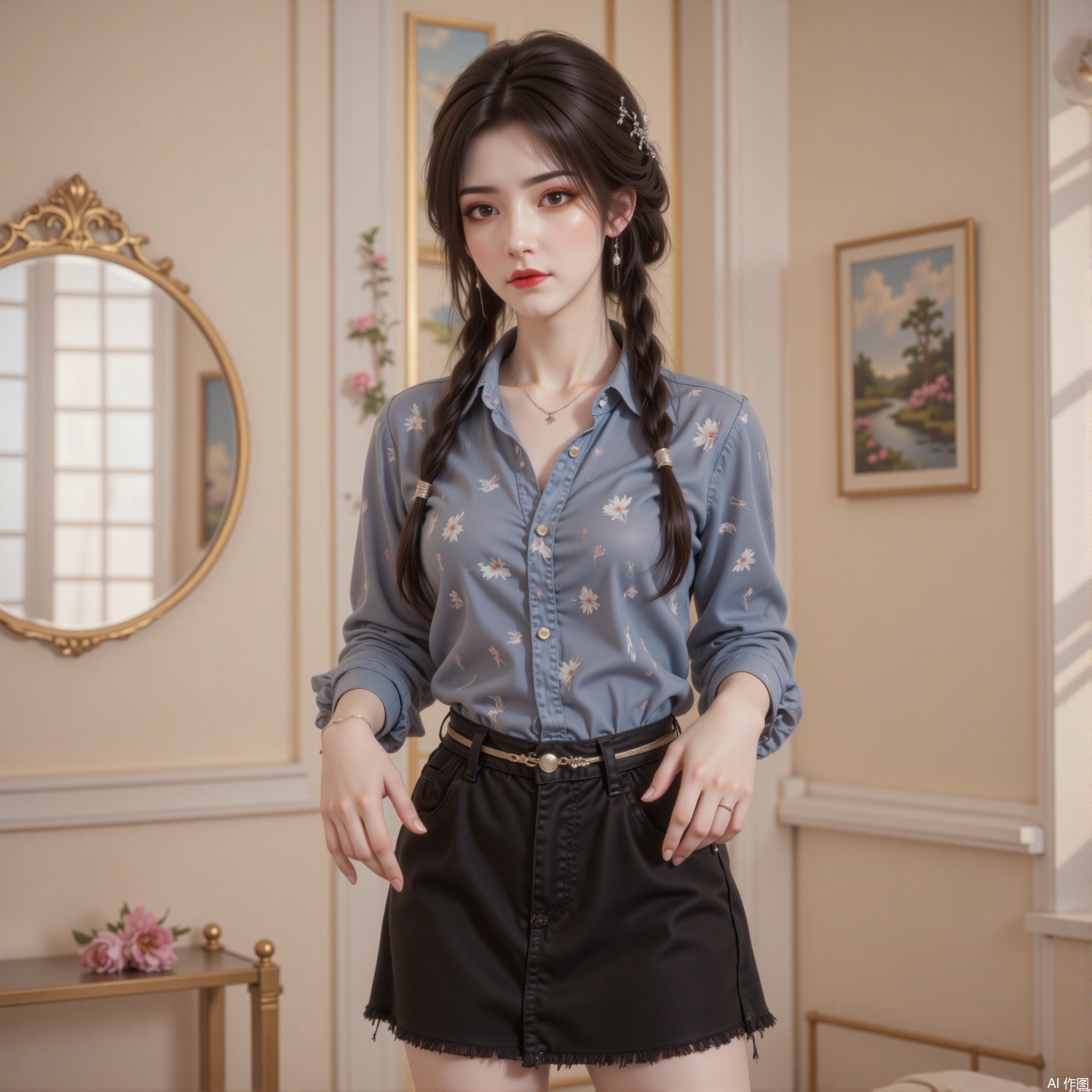 The main body of the screen:​
An elegant and intellectual woman, wearing a vintage shirt on blue background and white flowers, paired with a black high-waisted short skirt, and a thin belt around her waist. She braided her long hair into delicate braids, with metal hair accessories embellished between her hair, and the overall look was both retro and fashionable. The woman is tall and her hands are naturally hanging, revealing her calm temperament.

Background and environment:
Indoor scenes, two landscape paintings and a golden decoration are hung on light-colored walls, and a large circular gold-edged mirror is placed on the sides to reflect soft light.
The background elements are simple but artistic, with the tones mainly beige and light gold, forming an elegant contrast with the blue and black of the characters' clothing.
The light is soft and even, creating a comfortable and luxurious atmosphere.
Style and atmosphere:
Style: retro fashion × light luxury interior × literary and elegant
​​​​Atmosphere: Elegant, tranquil, slightly nostalgic
​​​hue: blue and black main color (character) × light gold/beak (background), low saturation