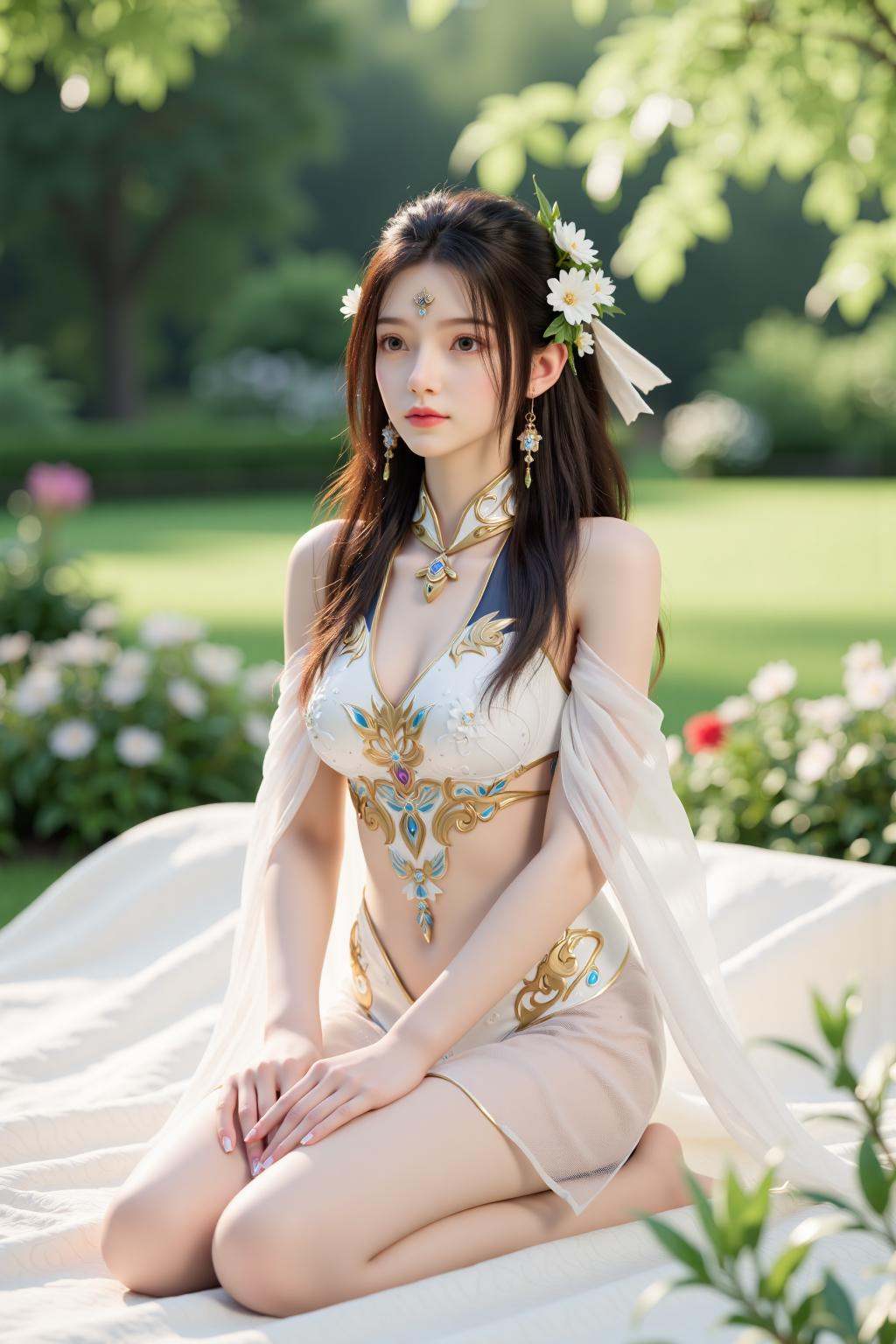 This is a high-resolution,ethereal photograph of a young,fair-skinned woman with wavy,brown hair adorned with white flowers,kneeling on a soft,white,textured fabric. She wears a sheer,embroidered white gown that accentuates her slender,delicate physique. The background is a blurred,lush garden with soft,diffused lighting. The image has a shallow depth of field,likely captured with a DSLR camera,possibly a Canon EOS 5D Mark IV,using an aperture of f/2.8,a shutter speed of 1/125s,and an ISO of 100.,