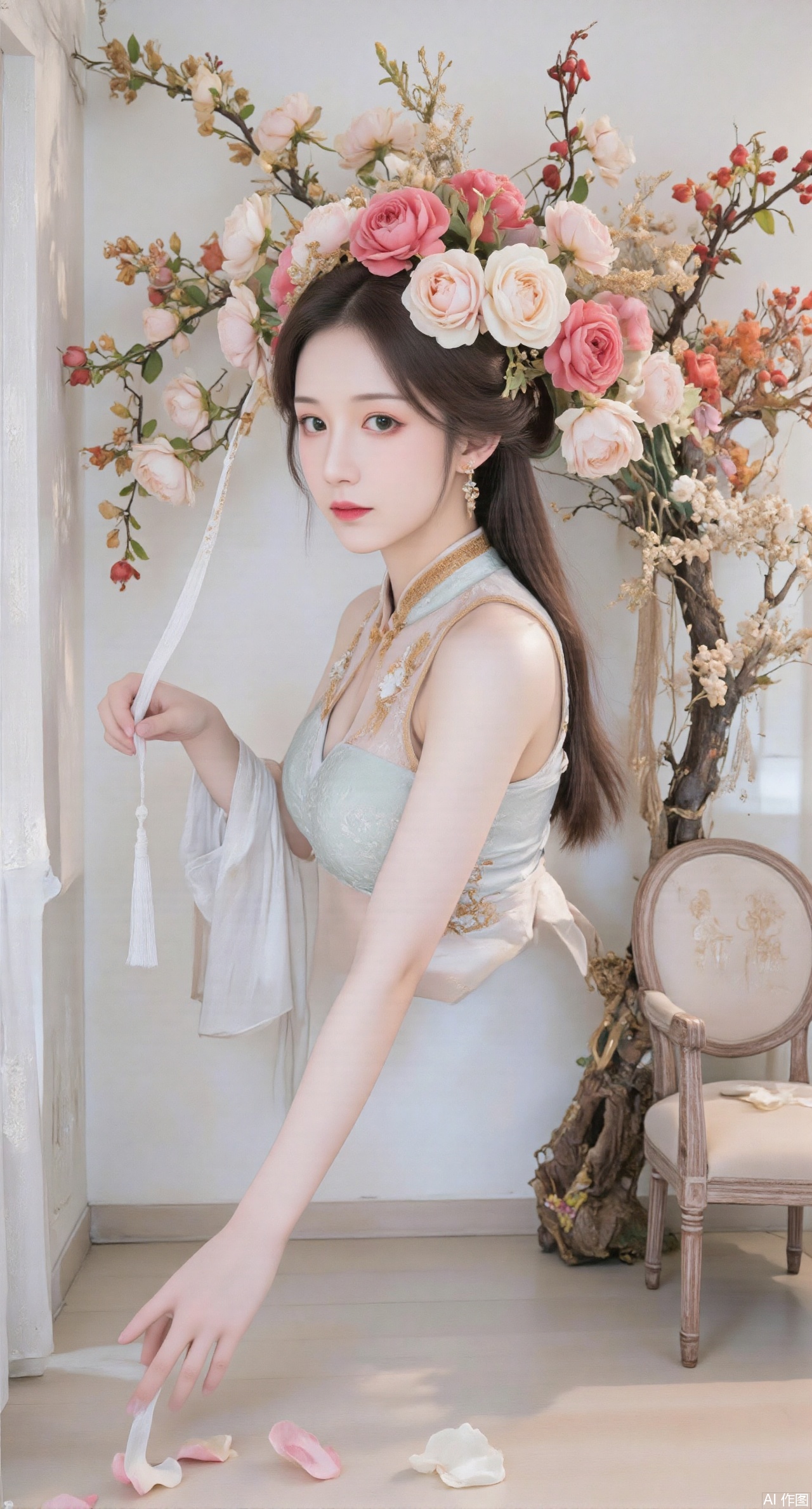 best quality,  On the front wall,  the main body of the wall painting is a portrait of a beautiful woman with long flowing...