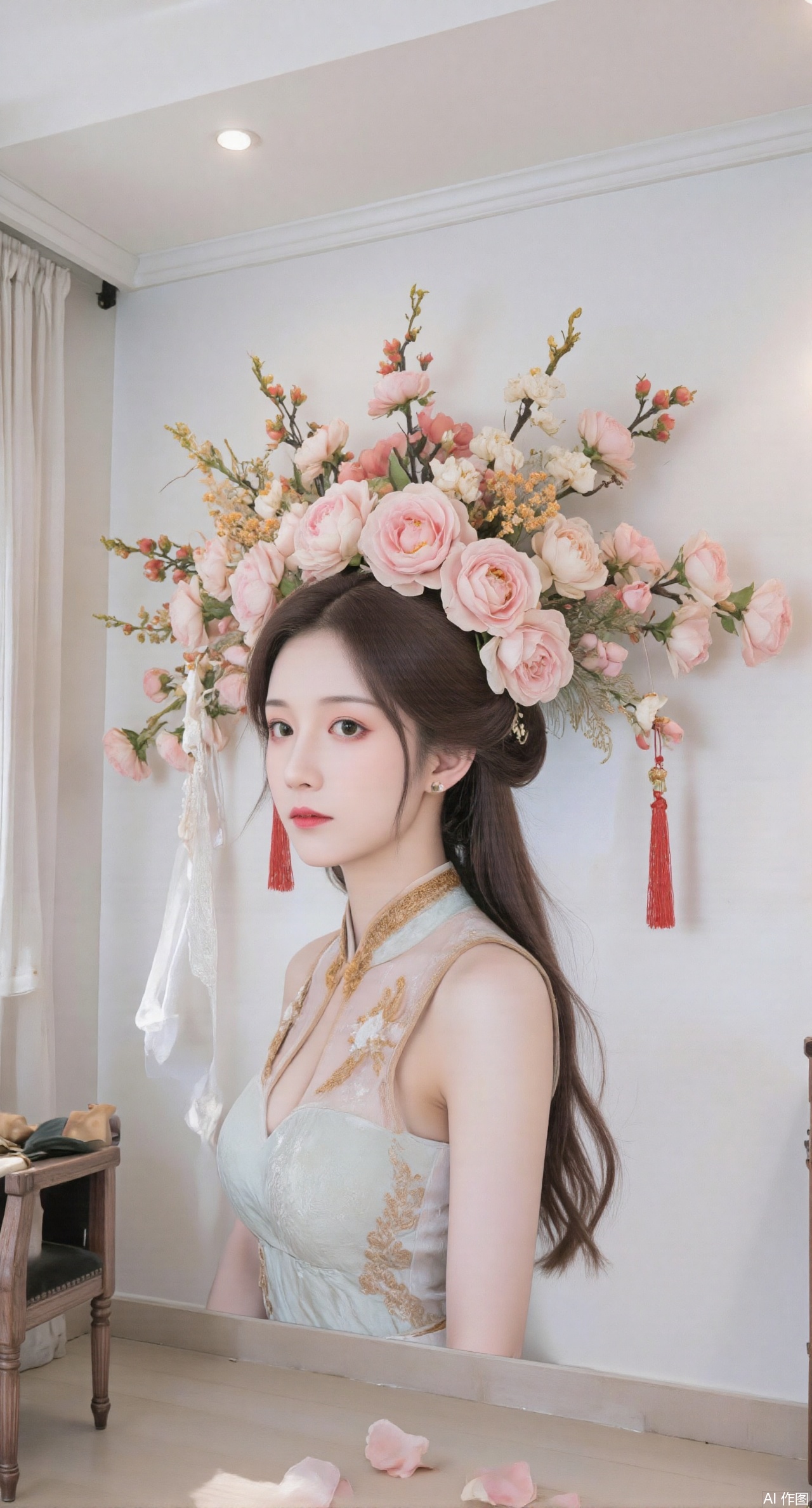 (masterpiece:1.2),best quality,On the front wall,the main body of the wall painting is a portrait of a beautiful woman with long flowing hair.hanfu girl,full body,The hair of the beautiful woman is composed of a large number of luxuriant roses. The flowers are dense and cover the top of the girls head. It seems that I have brought a gorgeous flower hat to the young girl. These flowers cover the whole wall densely. Dense long branches hang down and many petals fall on the ground. The details of the flowers are lifelike,the roots are on one side,the far view is deep,the wide angle is super wide,the real photos,the realistic style,the 32k super clear,and the colors are gorgeous,,XyunyunXY,Xmeining,Xjiangziyue,Xweinina,Xyunxiao,Xxiaoqingxue,Xlenhuan,Xhuajin,Xgufenghuaqiang,XyouqianxueK,XzilingK,Xg36qipaoCOS