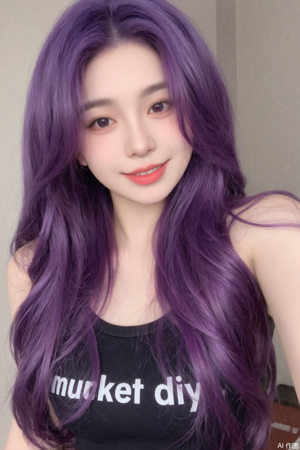 1girl, solo, long hair, looking at viewer, smile, bare shoulders, purple eyes, upper body, purple hair, lips, make_up, clothes writing