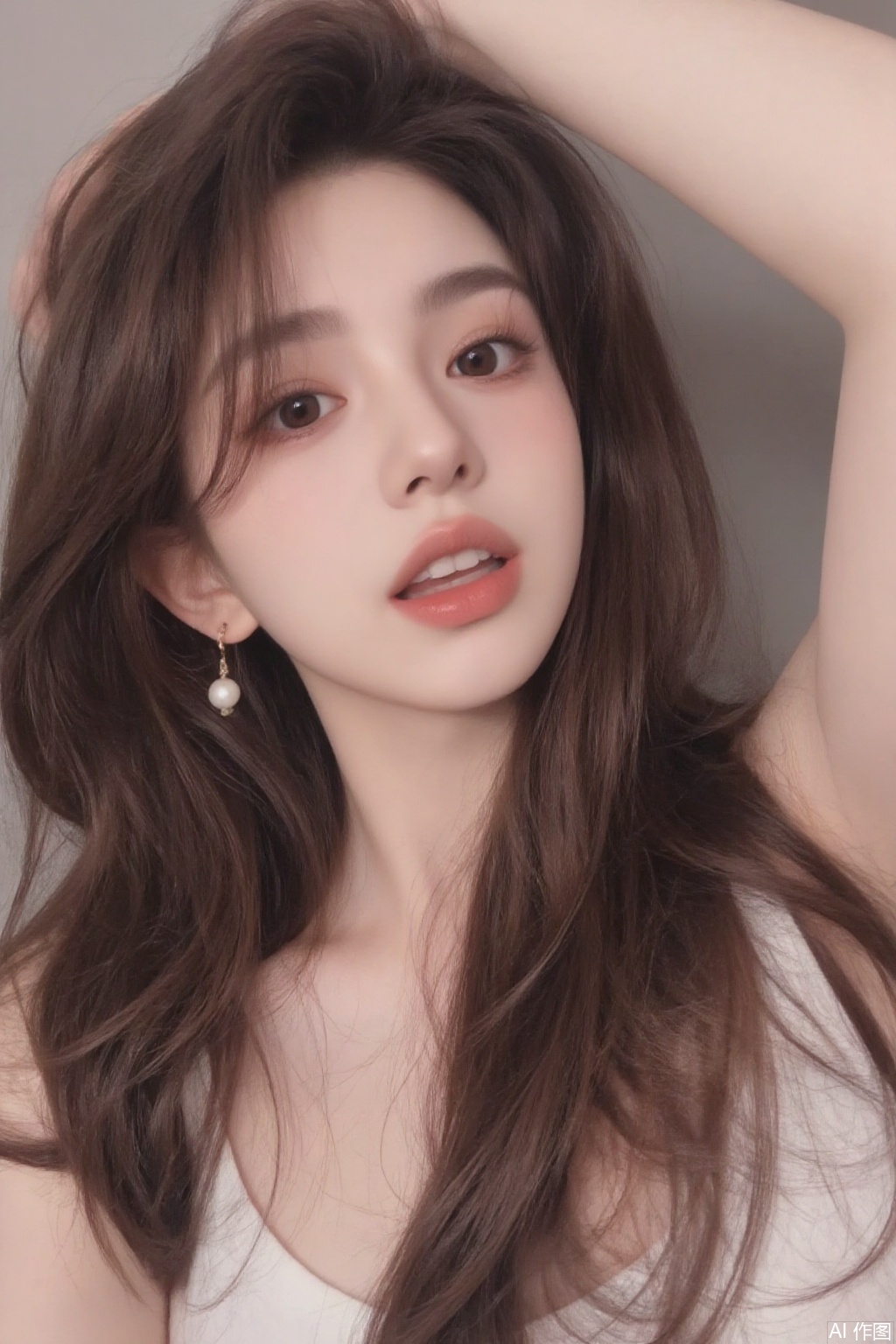 1girl, solo, long hair, Big breasts,  thigh,whole body,sbrown hair,  brown eyes, jewelry, earrings, parted lips, teeth, arm up, lips, realistic, hand on own head,