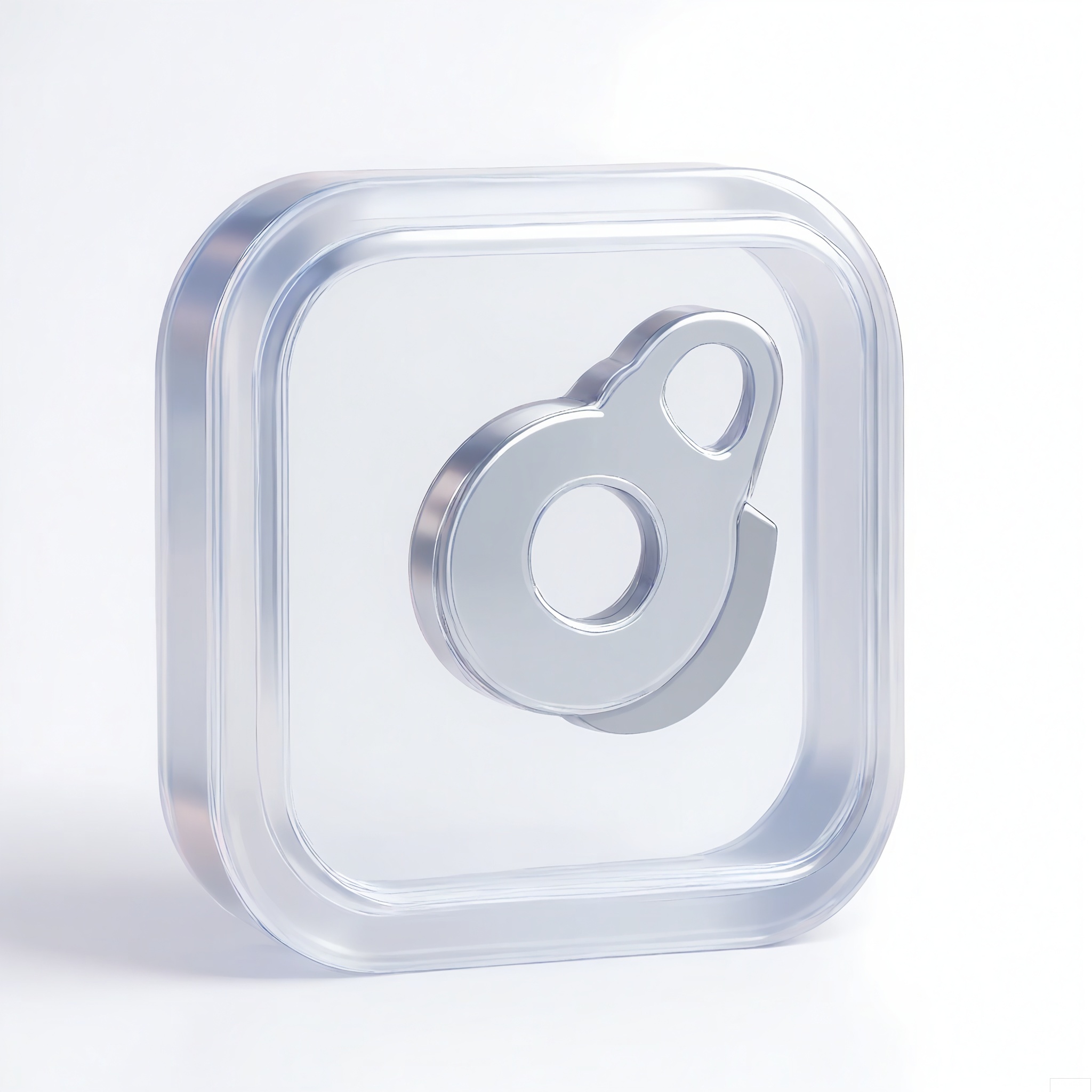 PVC, A minimalist PVC icon representing a magnifying glass, in a translucent clear color with a silver handle, against a white background. The icon has a glossy finish and a sharp, precise design.
