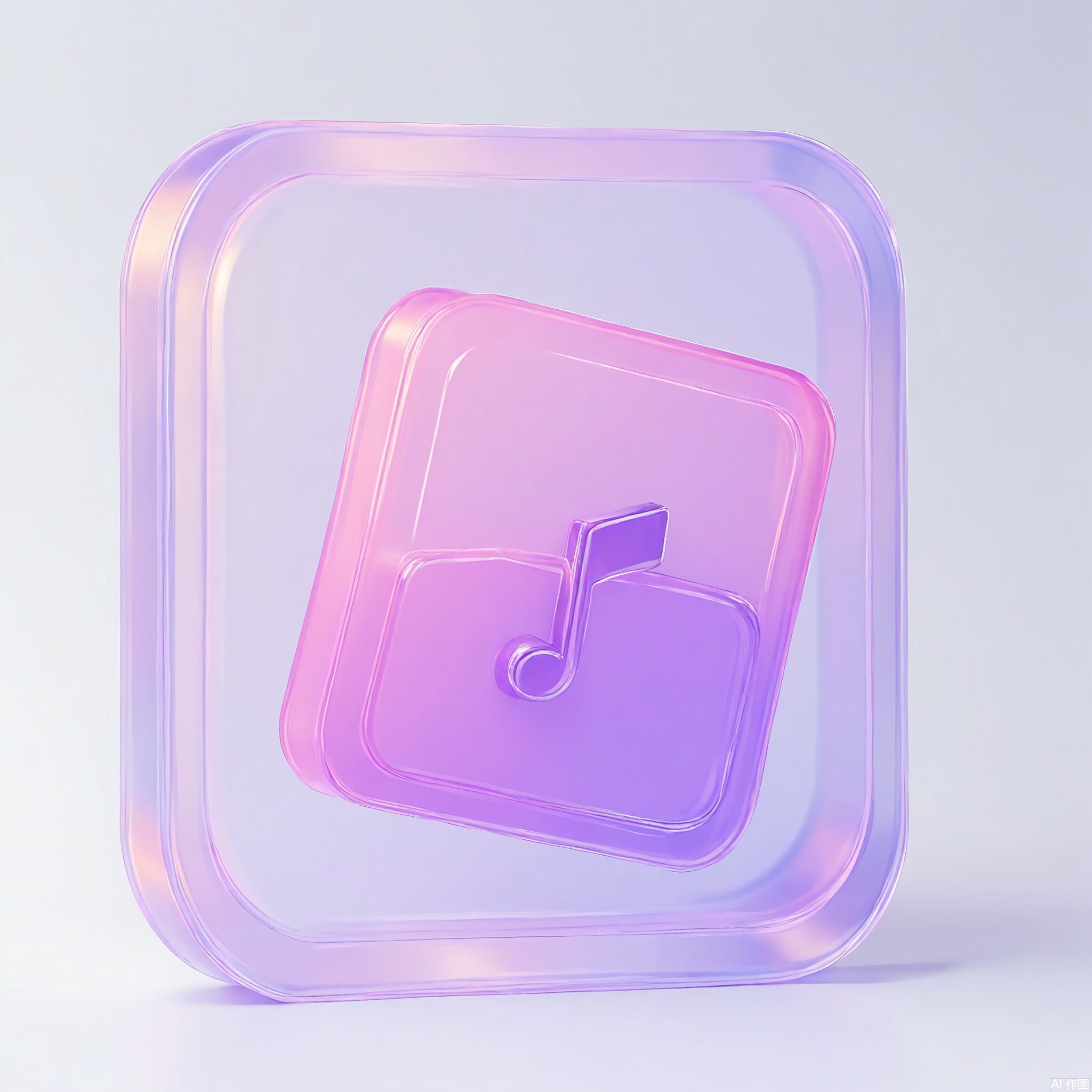 PVC, A PVC material icon of a tiny, semi-transparent music note, in a vibrant purple tint, placed on a white backdrop. The icon has a smooth, glossy surface and a playful yet modern look.
