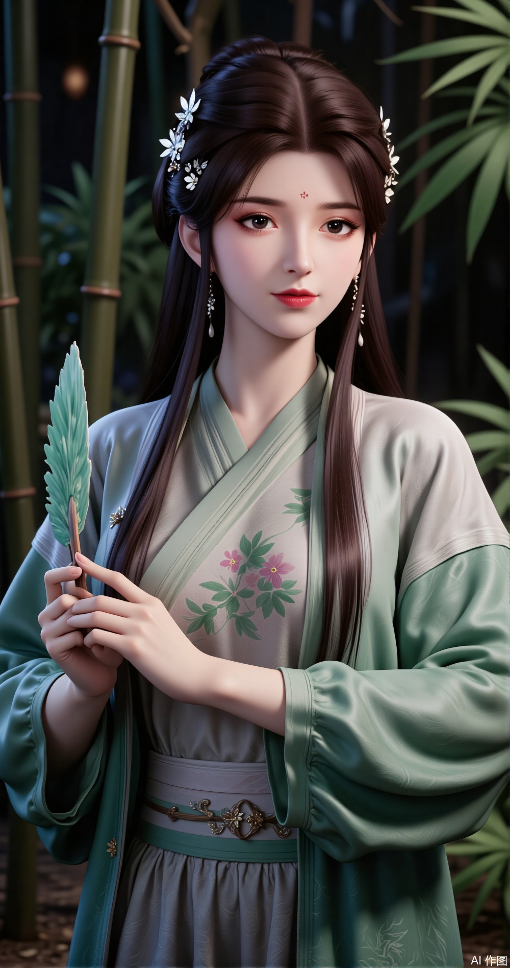 n a serene bamboo forest, a girl in a green hanfu stands quietly deep within the bamboo grove, exuding elegance and mystery. Her purple hair is tied into two high ponytails, the ends slightly curled and lightly swaying in the breeze. Her fringe neatly falls over her forehead, her slightly furrowed brow revealing a hint of serenity and depth. Her emerald green eyes are as clear as the forest's most pristine dewdrop, reflecting swaying bamboo shadows within her pupils. Her long lashes, highlighted by the bamboo leaves, appear exceptionally soft.

Her pink lips curve into a subtle smile, as if savoring the tranquility and elegance of the bamboo forest. Her expression carries a touch of grace and composure, as if she is the mistress of this bamboo grove. Her facial features are soft and delicate, her skin appearing exceptionally fair under the sunlight, radiating a soft glow.

Her right hand gently rises, holding a delicate fan, the fan's surface adorned with bamboo leaves and clear streams, as if merging with the surrounding scenery. The fan gently unfolds, swaying slightly with her movements, as if transmitting a graceful signal to the bamboo forest. Her fingers are slender and long, her nails neatly trimmed and clean, exuding an elegant charm. Her arm lines are smooth, her movements natural, revealing a calm and graceful demeanor.

Her green hanfu is exquisitely designed, with delicate bamboo leaf patterns embroidered on the collar and cuffs, as if mimicking the grove's extension. The fabric is light and soft, swaying gently with the breeze, as if harmonizing with the surrounding bamboo leaves. A thin white silk ribbon is tied around her waist, its ends fluttering in the wind, adding a touch of ethereal beauty.

The background is a dense bamboo forest, with bamboo leaves swaying in the wind, emitting a rustling sound, as if whispering the secrets of nature. Sunlight filters through the gaps between leaves, casting dappled light on the ground. The air is filled with the sweet scent of bamboo, and distant bird calls add a touch of vitality to the grove.