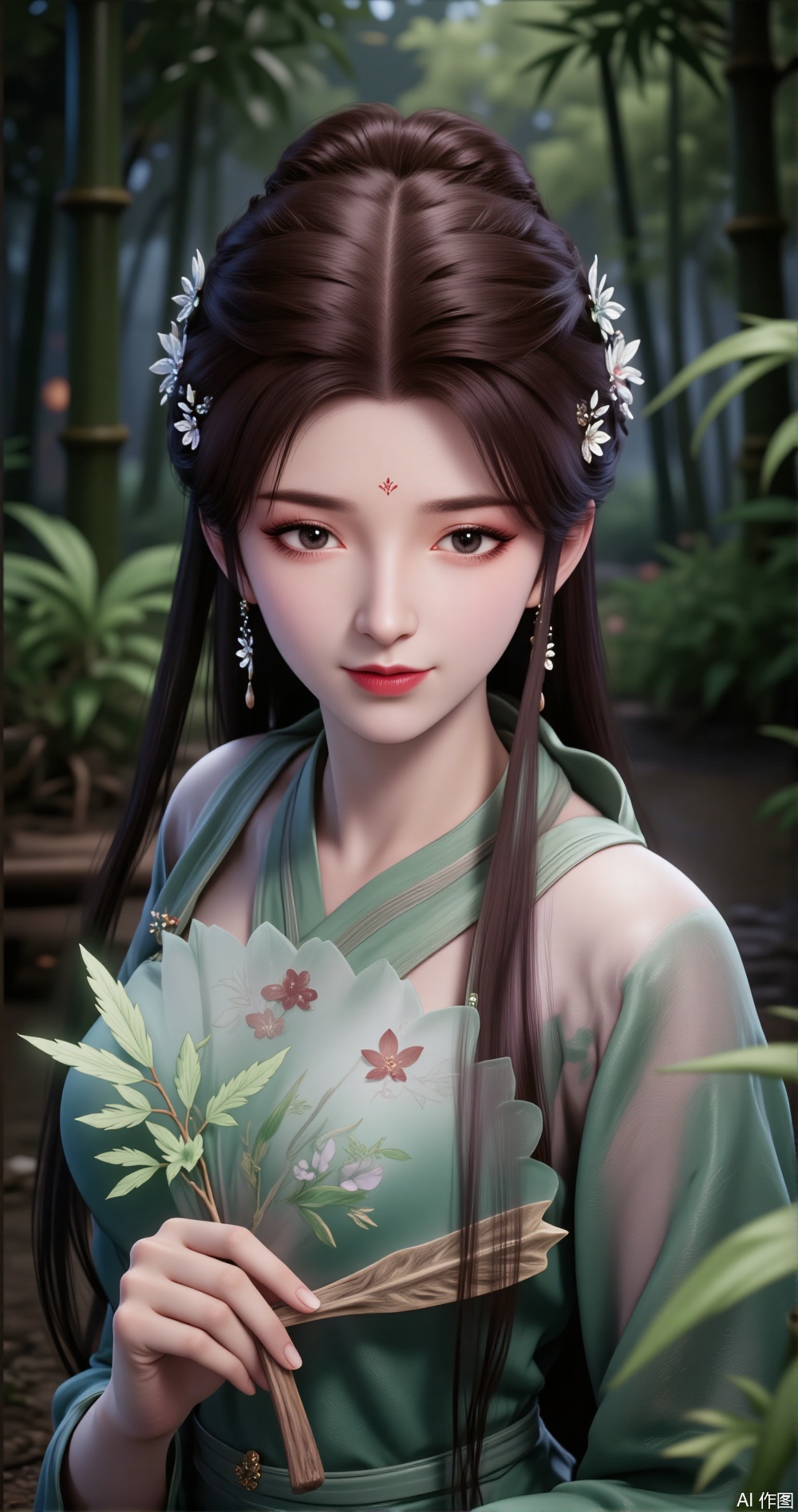 n a serene bamboo forest, a girl in a green hanfu stands quietly deep within the bamboo grove, exuding elegance and mystery. Her purple hair is tied into two high ponytails, the ends slightly curled and lightly swaying in the breeze. Her fringe neatly falls over her forehead, her slightly furrowed brow revealing a hint of serenity and depth. Her emerald green eyes are as clear as the forest's most pristine dewdrop, reflecting swaying bamboo shadows within her pupils. Her long lashes, highlighted by the bamboo leaves, appear exceptionally soft.

Her pink lips curve into a subtle smile, as if savoring the tranquility and elegance of the bamboo forest. Her expression carries a touch of grace and composure, as if she is the mistress of this bamboo grove. Her facial features are soft and delicate, her skin appearing exceptionally fair under the sunlight, radiating a soft glow.

Her right hand gently rises, holding a delicate fan, the fan's surface adorned with bamboo leaves and clear streams, as if merging with the surrounding scenery. The fan gently unfolds, swaying slightly with her movements, as if transmitting a graceful signal to the bamboo forest. Her fingers are slender and long, her nails neatly trimmed and clean, exuding an elegant charm. Her arm lines are smooth, her movements natural, revealing a calm and graceful demeanor.

Her green hanfu is exquisitely designed, with delicate bamboo leaf patterns embroidered on the collar and cuffs, as if mimicking the grove's extension. The fabric is light and soft, swaying gently with the breeze, as if harmonizing with the surrounding bamboo leaves. A thin white silk ribbon is tied around her waist, its ends fluttering in the wind, adding a touch of ethereal beauty.

The background is a dense bamboo forest, with bamboo leaves swaying in the wind, emitting a rustling sound, as if whispering the secrets of nature. Sunlight filters through the gaps between leaves, casting dappled light on the ground. The air is filled with the sweet scent of bamboo, and distant bird calls add a touch of vitality to the grove.