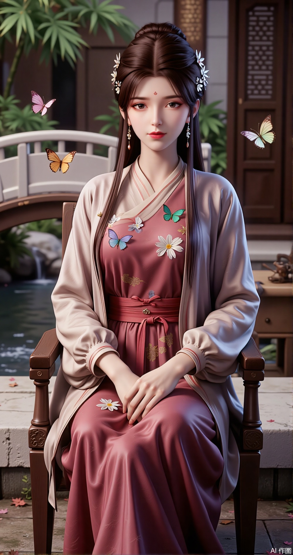 In a classical Chinese courtyard, a woman sits gracefully on a redwood chair. She wears a red Hanfu gown, embroidered with golden clouds and colorful butterflies, featuring shades of pink, orange, lavender, and emerald green, each butterfly lifelike. The hem of her dress sways gently with her movements.

Her upper body is clad in a light gold-colored short jacket, with pearl buttons on the cuffs and collar, simple yet elegant. She wears a pair of golden bracelets, set with colorful gems, matching the butterfly motifs on her dress.

Her hair is styled in an intricate bun, adorned with golden hairpins and colorful ribbons, which sway gently in the breeze. Several real butterflies flutter around her, their wings shimmering with colors that echo her attire. They land on her shoulders and dress, blending seamlessly with her outfit.

The background features a white marble bridge over a flowing stream, with bamboo leaves swaying in the breeze. Sunlight filters through the leaves, casting dappled light on the ground, creating a dreamlike atmosphere.