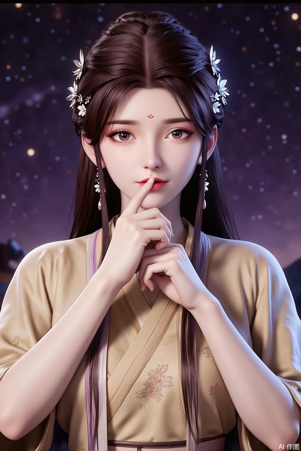 Against the backdrop of a vast starry sky, a girl in a yellow Chinese practice outfit stands quietly, exuding a unique charm and personality. Her purple hair is tied into two high ponytails, the ends slightly curled and shimmering with a soft glow under the starlight. Her fringe neatly falls over her forehead, slightly covering her slightly furrowed brow, which reveals a hint of defiance and determination. Her blue starry eyes are deep and mysterious, with countless stars seemingly twinkling within her pupils. Her long lashes, feather-light under the starlight, flutter slightly, adding a touch of dreamy charm.

Her pink lips curve into a faint smile, as if hiding inner joy. Her expression carries a hint of playfulness and confidence, her gaze slanting to one side as if she's observing something intriguing. Her facial features are soft and delicate, her skin appearing exceptionally fair under the starlight, as if glowing with a soft luminescence.

Her right hand rises, her index finger pointing straight at the middle of her mouth, as if signaling a secret or a mysterious message. Her fingers are slender and long, her nails neatly trimmed and clean, exuding an elegant charm. Her arm lines are smooth, her movements natural, revealing a calm and confident demeanor.

Her yellow Chinese practice outfit is simple yet exquisite, with exquisite golden patterns embroidered on the collar and cuffs, as if mimicking the stars in the galaxy. The fabric is light and soft, swaying gently with the breeze, as if merging with the starry sky. A thin purple silk ribbon is tied around her waist, its ends fluttering in the wind, adding a touch of ethereal beauty.

The background is a magnificent starry sky, with a deep purple canopy dotted with countless twinkling stars, as if a grand galaxy spans across the horizon. The light of the galaxy bathes her in a mysterious purple glow. The starlight forms a soft halo around her, as if she is the ruler of this starry expanse.