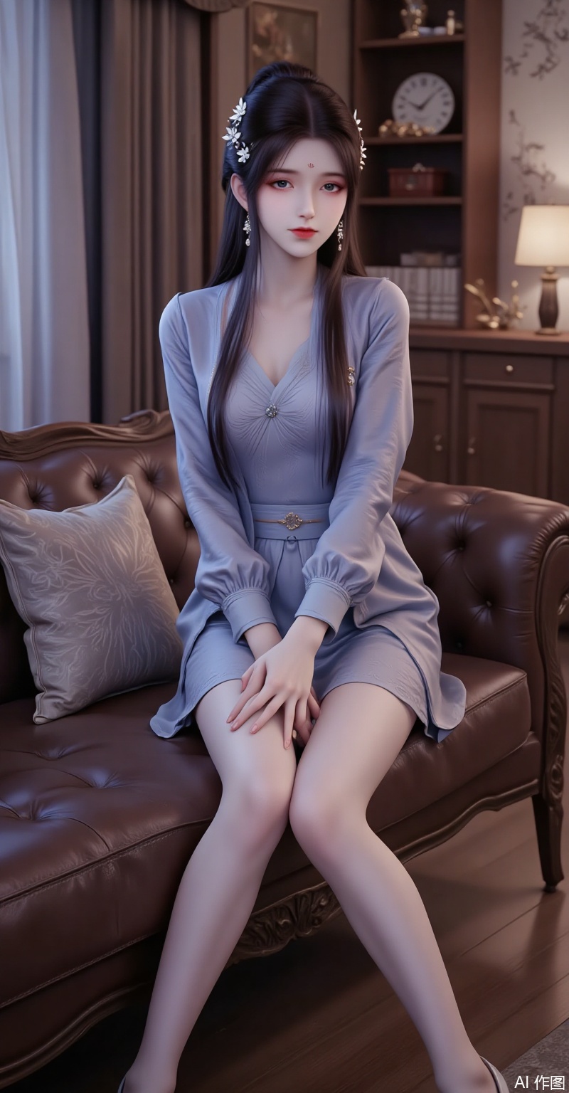The image shows a young woman sitting on a brown leather couch in a living room She is wearing a blue dress with a high neckline and long sleeves She has long dark hair styled in loose waves and is wearing blue high heels The woman is sitting with her legs crossed and her hands resting on her knees