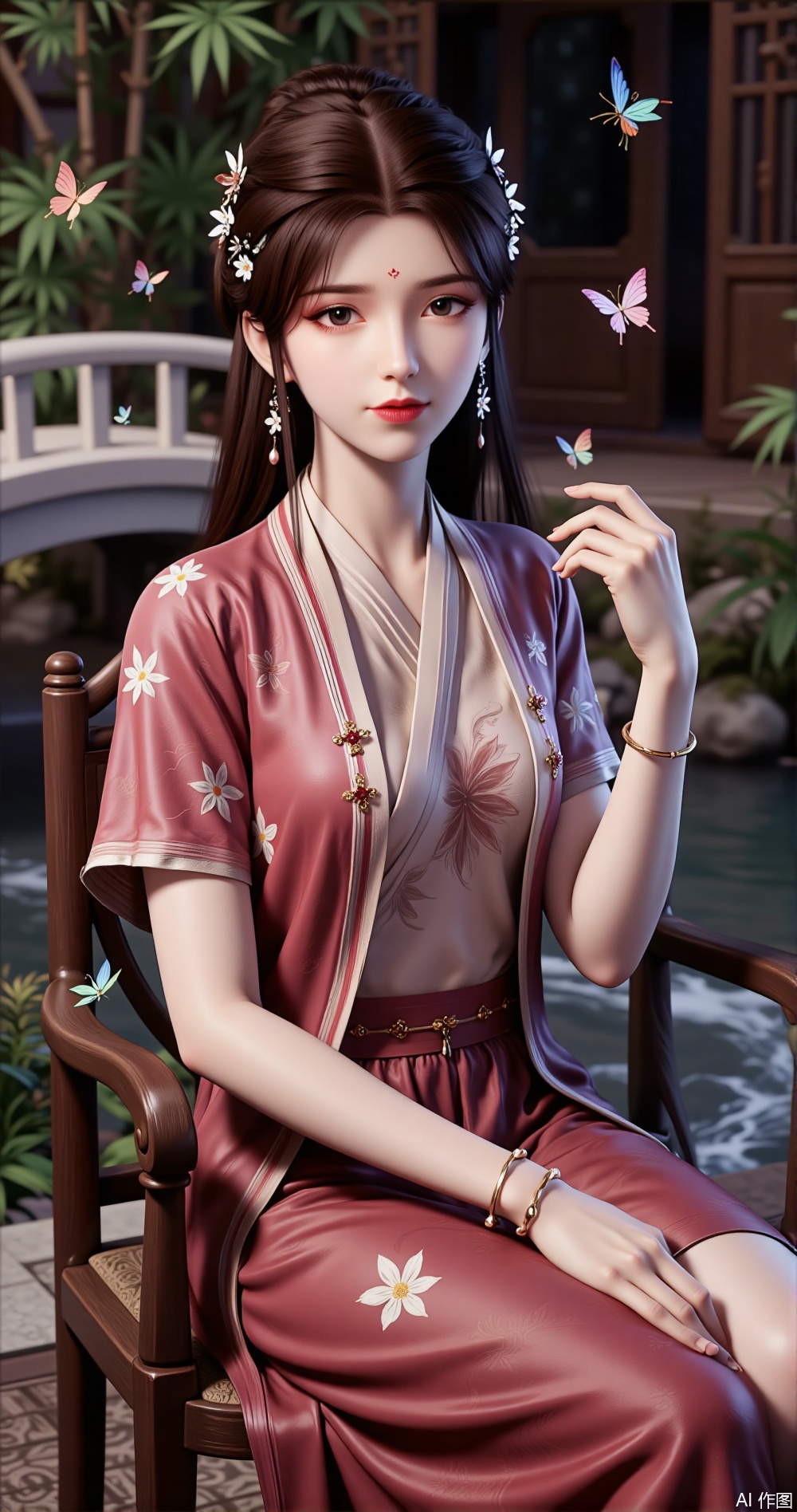 In a classical Chinese courtyard, a woman sits gracefully on a redwood chair. She wears a red Hanfu gown, embroidered with golden clouds and colorful butterflies, featuring shades of pink, orange, lavender, and emerald green, each butterfly lifelike. The hem of her dress sways gently with her movements.

Her upper body is clad in a light gold-colored short jacket, with pearl buttons on the cuffs and collar, simple yet elegant. She wears a pair of golden bracelets, set with colorful gems, matching the butterfly motifs on her dress.

Her hair is styled in an intricate bun, adorned with golden hairpins and colorful ribbons, which sway gently in the breeze. Several real butterflies flutter around her, their wings shimmering with colors that echo her attire. They land on her shoulders and dress, blending seamlessly with her outfit.

The background features a white marble bridge over a flowing stream, with bamboo leaves swaying in the breeze. Sunlight filters through the leaves, casting dappled light on the ground, creating a dreamlike atmosphere.