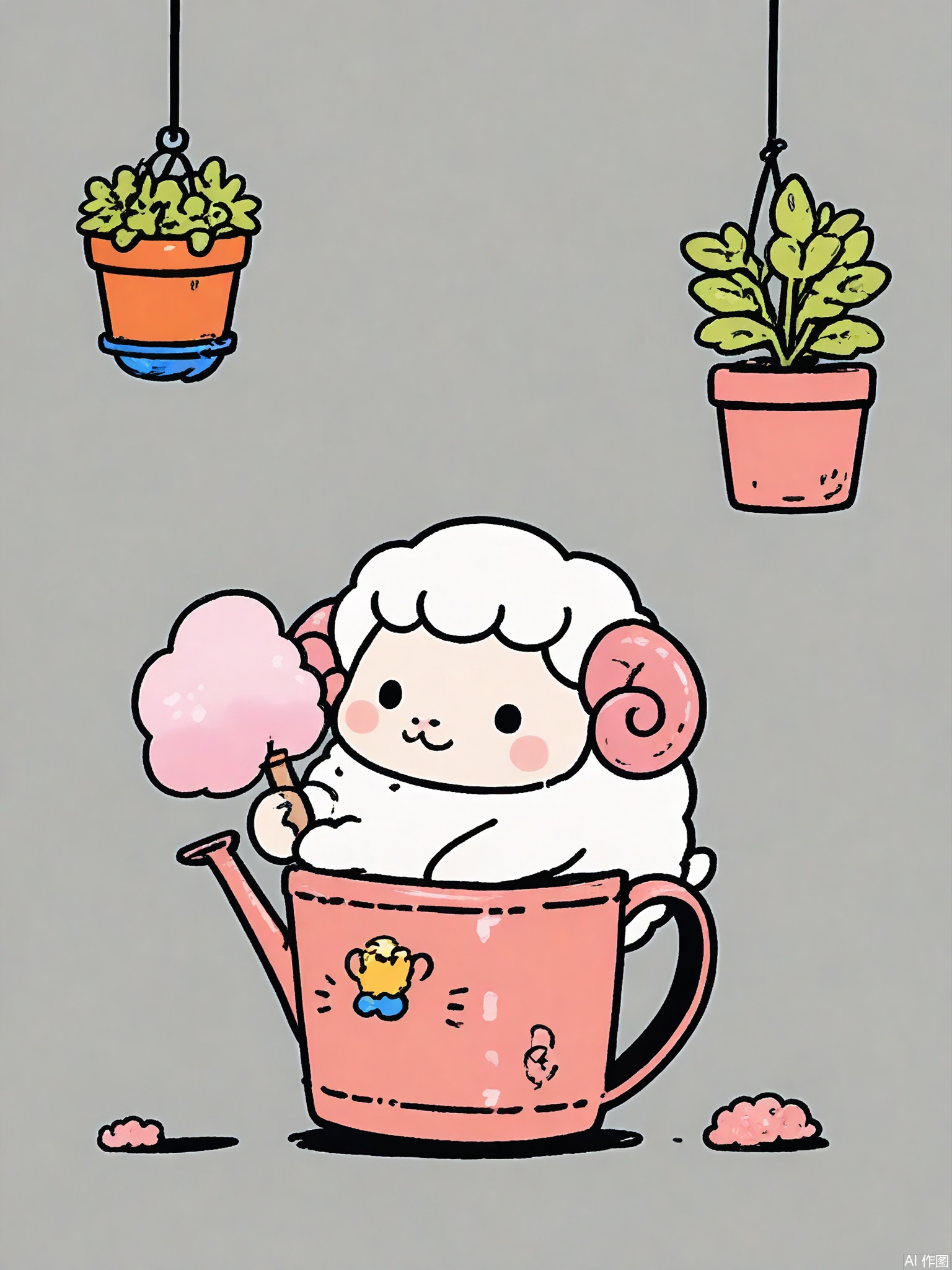 KACT, A cloud-shaped sheep with a rainbow mane floats through cotton-candy skies, carrying a watering can. Three star-shaped fairies plant glitter in floating flower pots. Dreamy pastels with hand-drawn texture.
