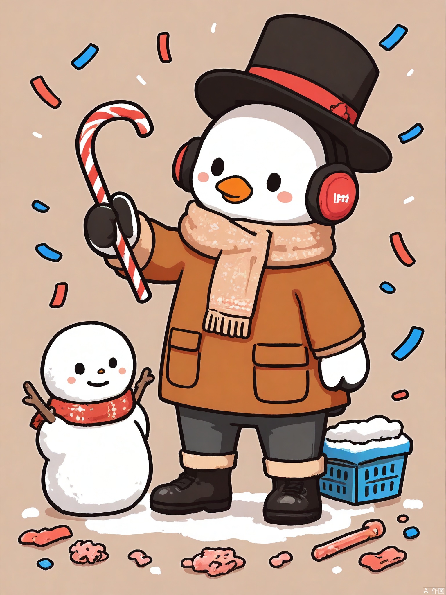 KACT, A snowman in a knitted scarf and top hat skis down a candy-cane slope, holding candy-cane poles. Penguin spectators wear tiny earmuffs and throw snowballs. Winter carnival vibe with confetti accents.
