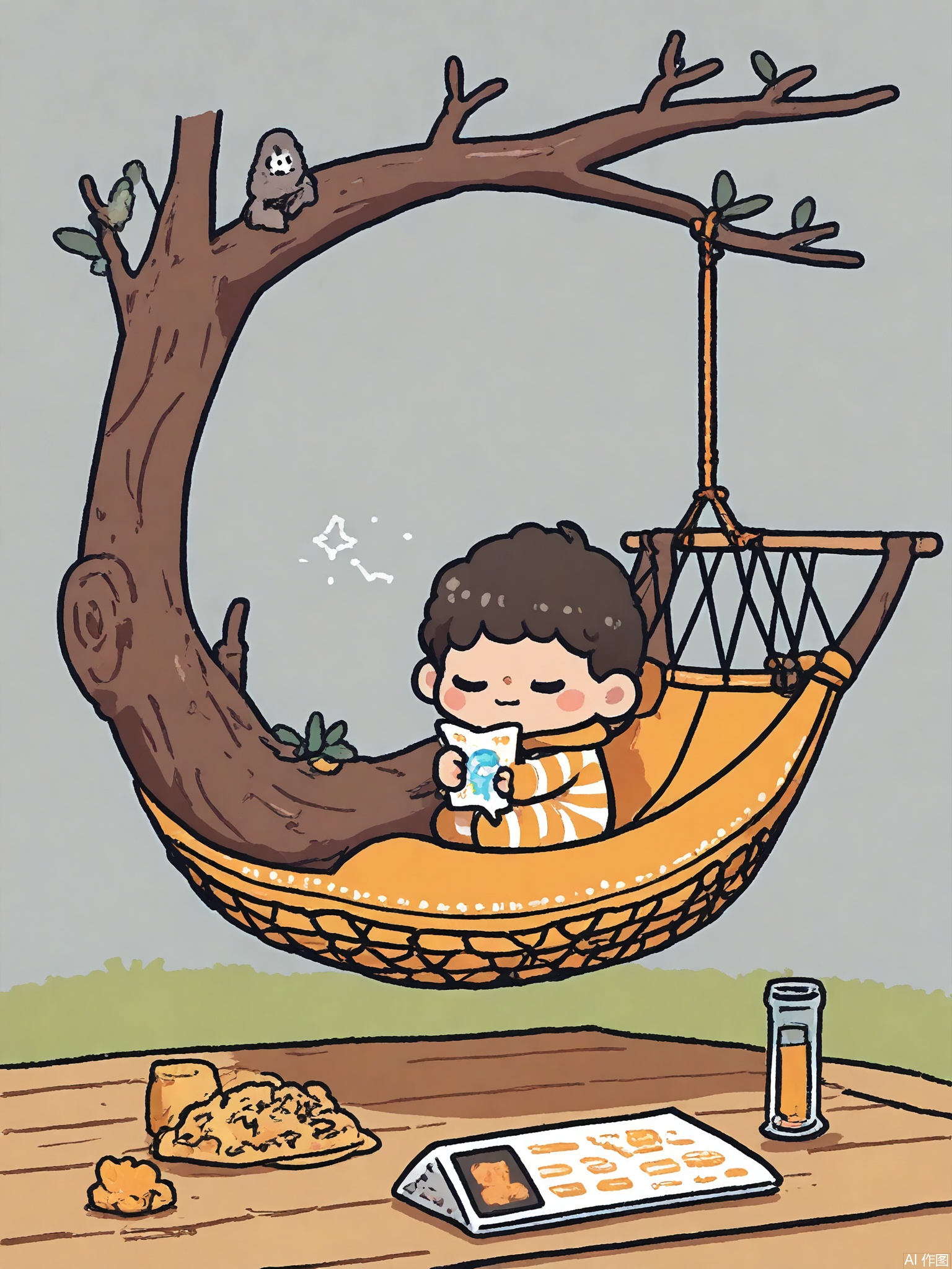 KACT, A sloth in a striped onesie hangs from a cosmic tree branch, holding a constellation map. Three star-shaped creatures sleep in a moon-shaped hammock. Celestial theme with gold foil accents.
