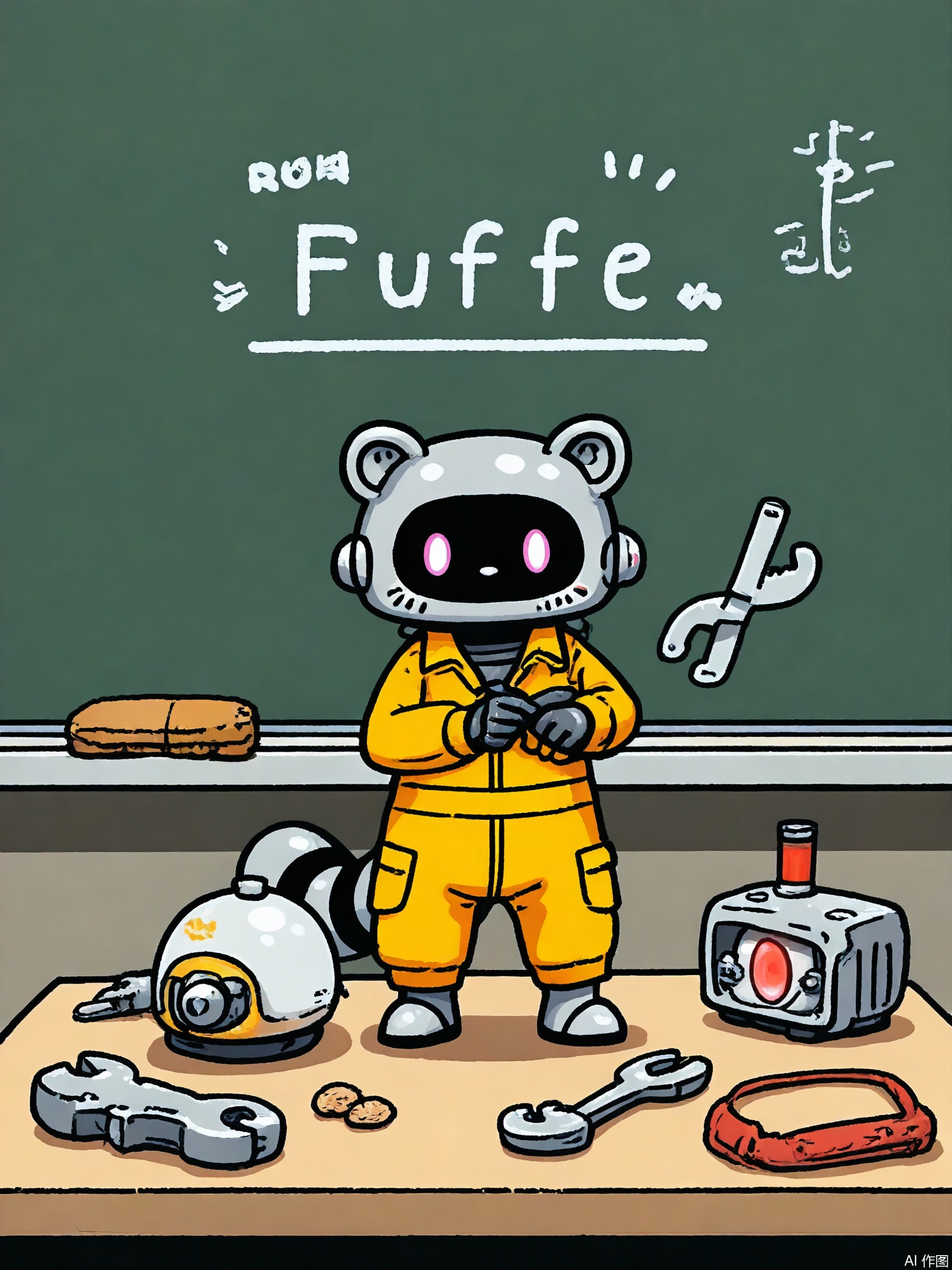 KACT, A raccoon in a striped mechanic's jumpsuit repairs a nut-and-bolt robot, wrench in paw. A firefly hovers with a tiny flashlight, illuminating the robot's gears. Industrial-chic background with chalkboard details.
