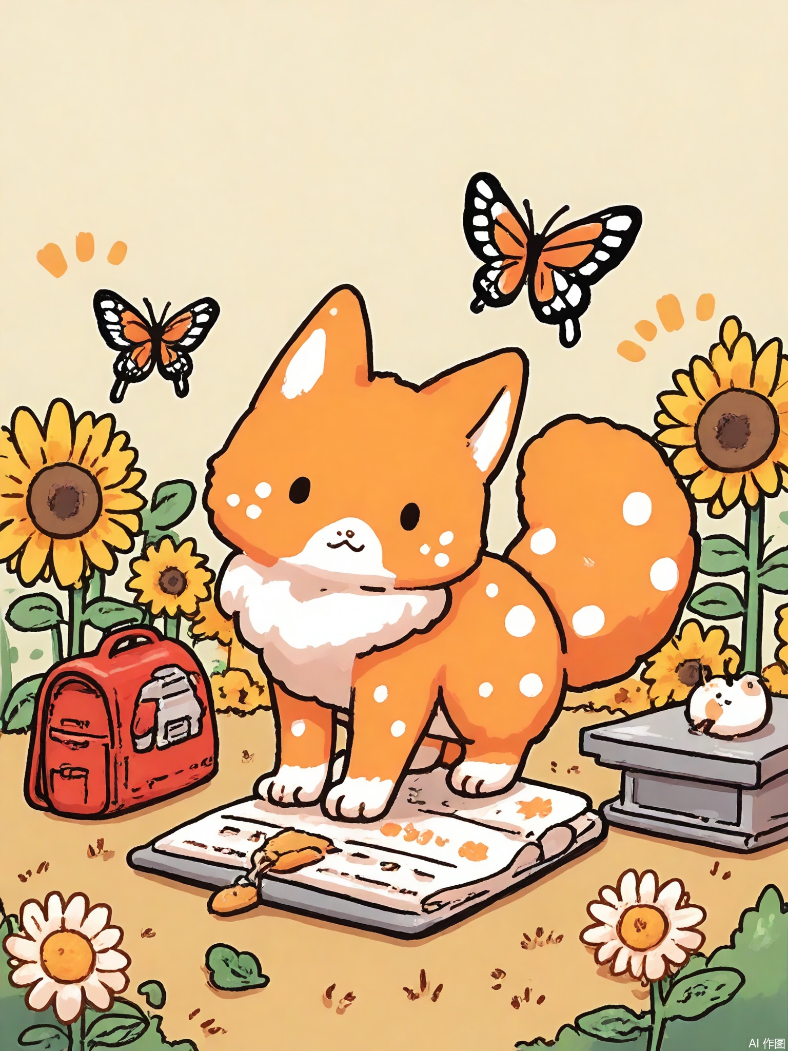 KACT, A fluffy orange kitten wearing a tiny red backpack wanders through a sunflower field, balancing a daisy chain on its head. Two butterflies with polka-dot wings follow closely, while a ladybug perches on a sunflower stem. Bold black outlines with watercolor splashes.
