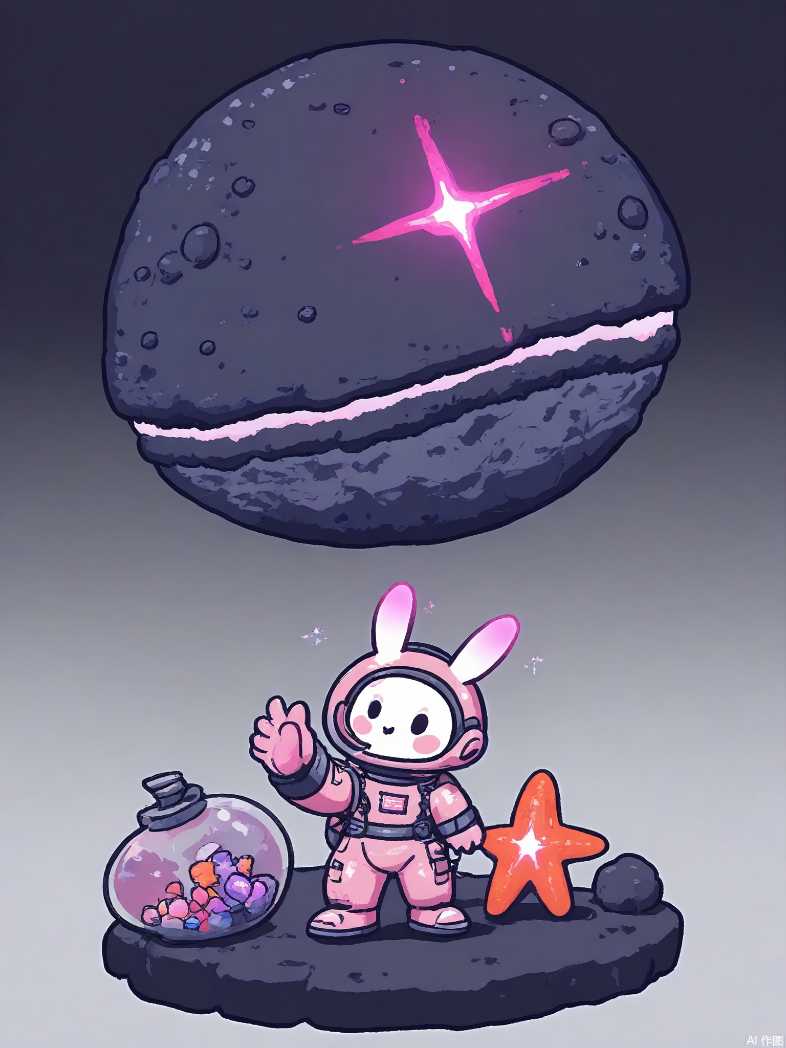 KACT, A round-cheeked girl in a purple spacesuit floats near a candy-colored asteroid, holding a glowing starfish. Three alien bunnies with antennae bounce beside her, trailing stardust. Simple geometric shapes with neon gradient skies.
