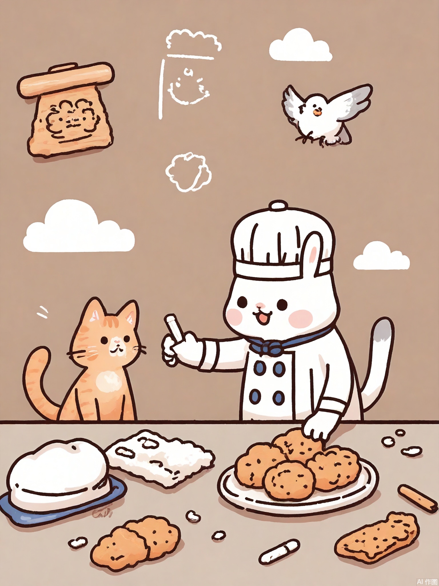 KACT, A ginger cat in a chef's hat kneads dough on a cloud, while a flock of pigeons wearing aprons bake cookie constellations. Whimsical food-sky fusion with chalk-drawn borders.
