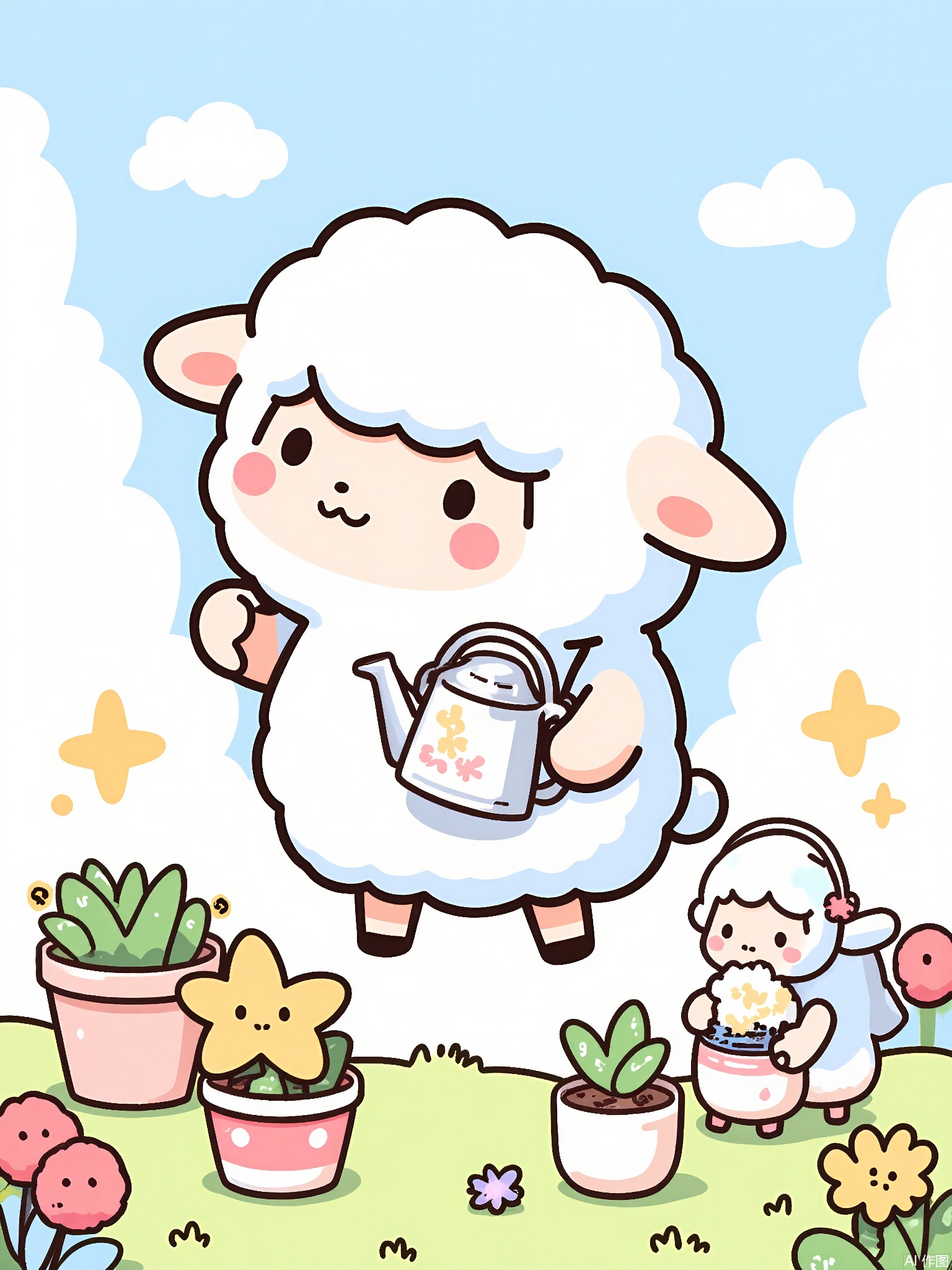 KACT,
A cloud-shaped sheep with a rainbow mane floats through cotton-candy skies, carrying a watering can. Three star-shaped fairies plant glitter in floating flower pots. Dreamy pastels with hand-drawn texture.

