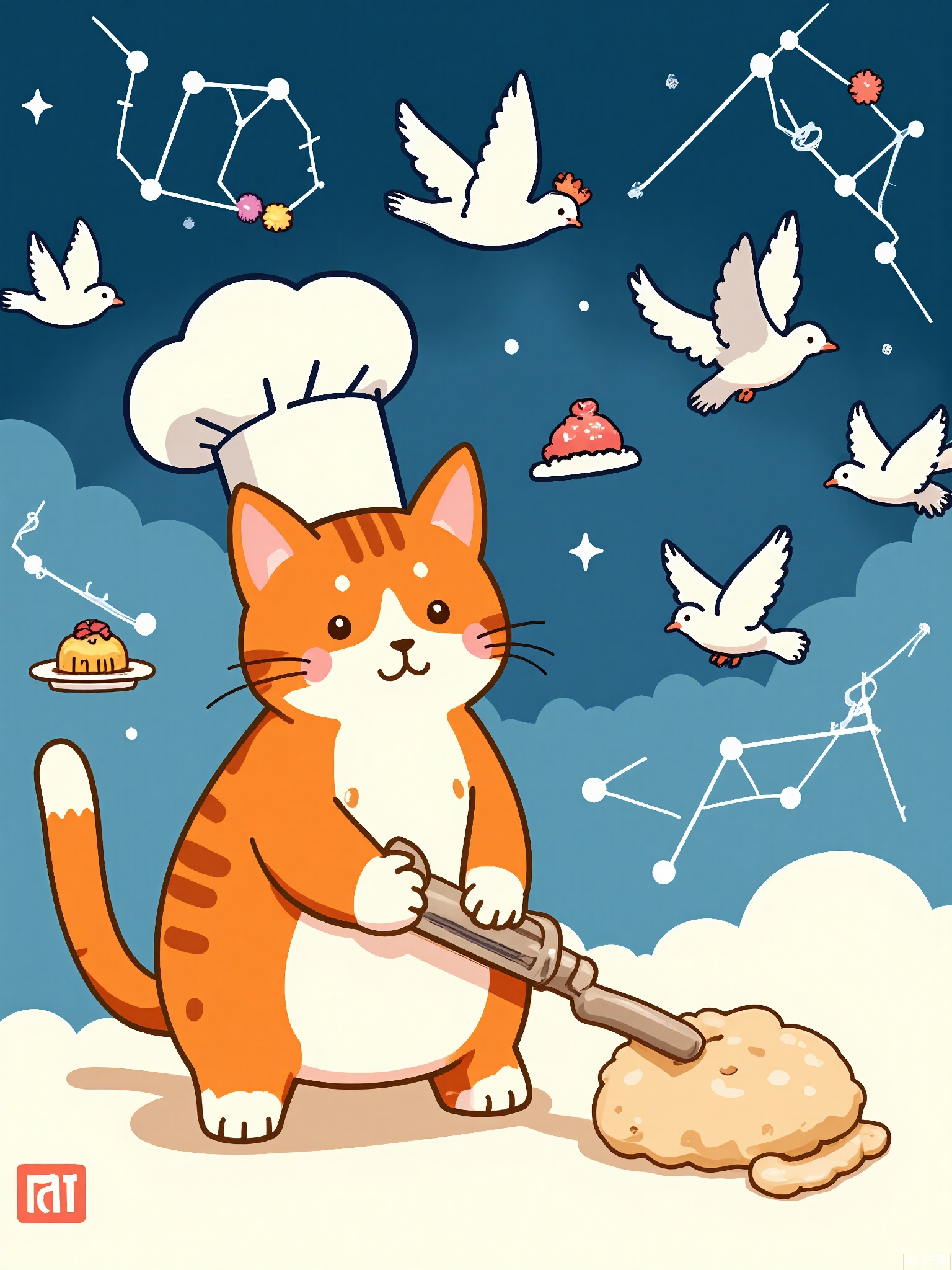 KACT,
A ginger cat in a chef's hat kneads dough on a cloud, while a flock of pigeons wearing aprons bake cookie constellations. Whimsical food-sky fusion with chalk-drawn borders.

