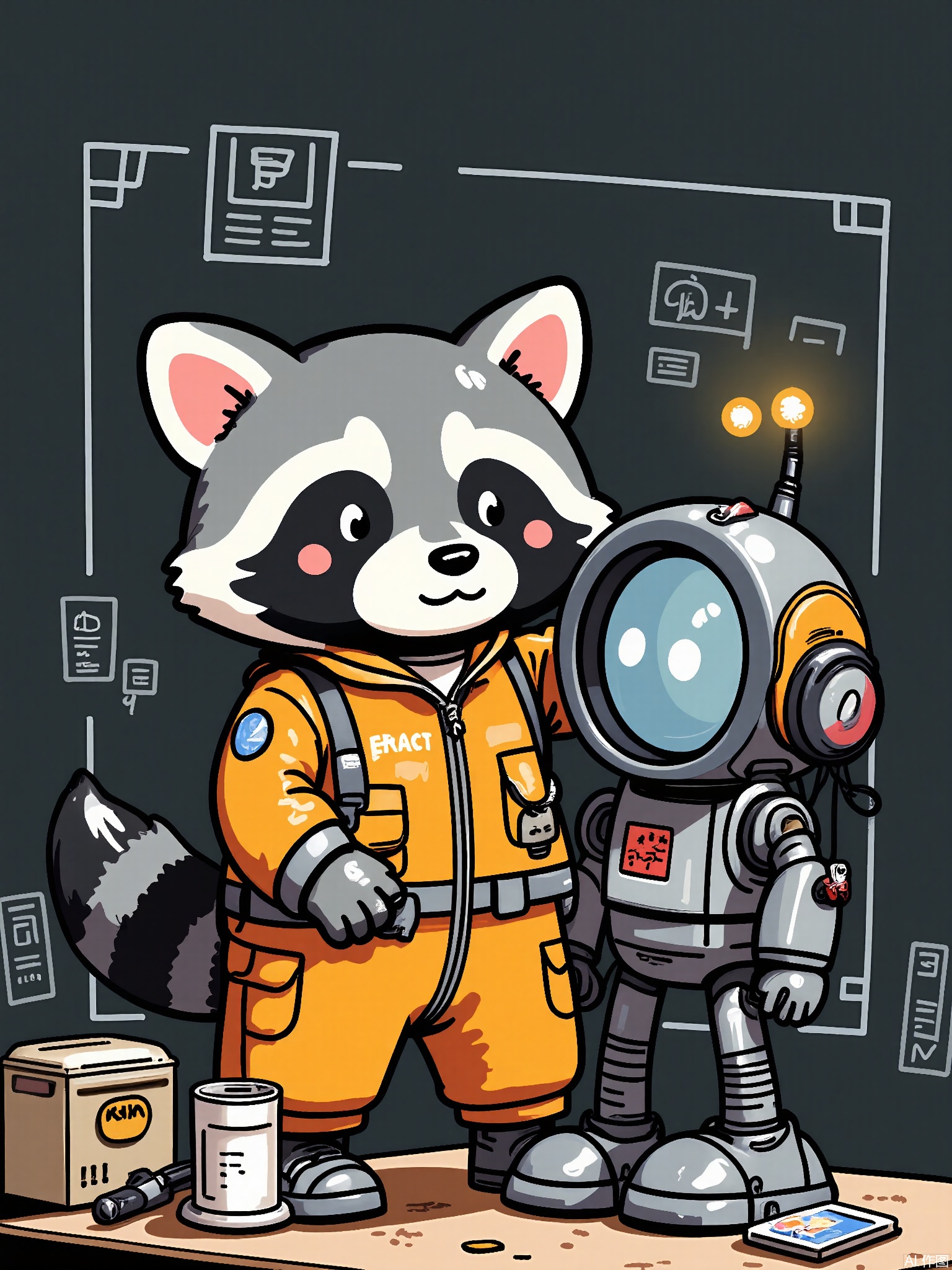 KACT,
A raccoon in a striped mechanic's jumpsuit repairs a nut-and-bolt robot, wrench in paw. A firefly hovers with a tiny flashlight, illuminating the robot's gears. Industrial-chic background with chalkboard details.

