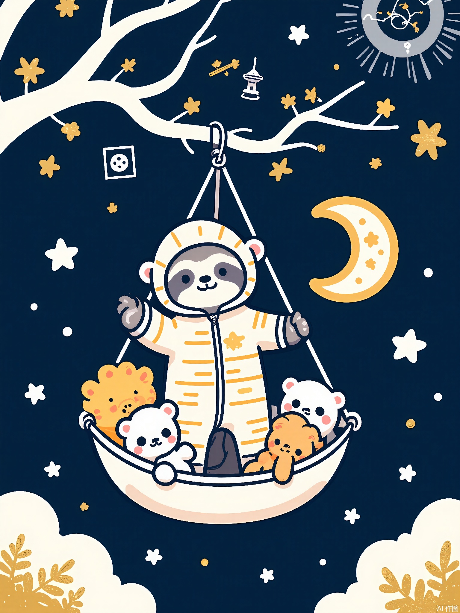 KACT,
A sloth in a striped onesie hangs from a cosmic tree branch, holding a constellation map. Three star-shaped creatures sleep in a moon-shaped hammock. Celestial theme with gold foil accents.

