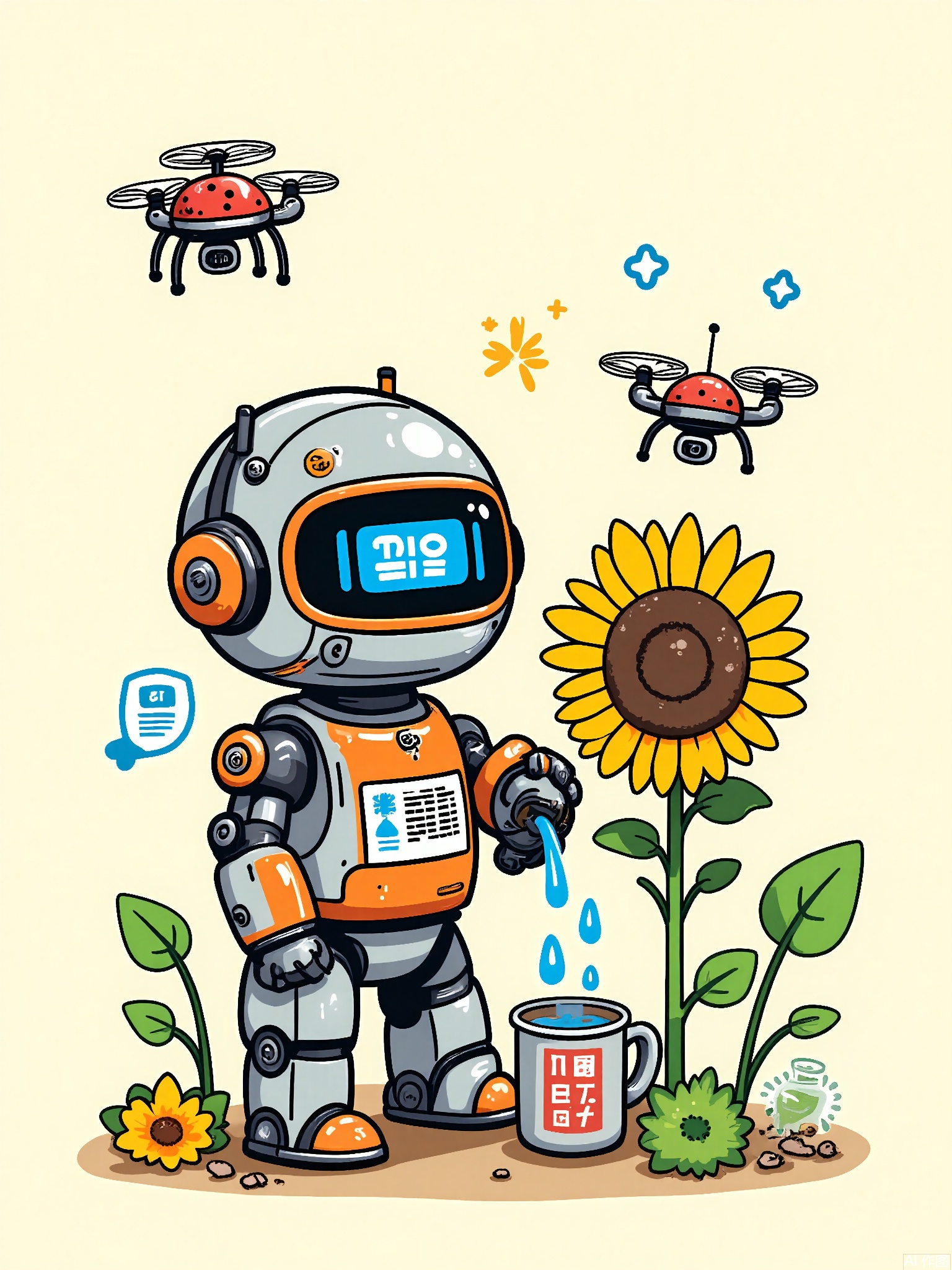 KACT,
A tiny robot in a flowerpot helmet waters a mechanical sunflower, using oil-can droplets. A ladybug-shaped drone buzzes overhead, trailing vines. Retro-futuristic style with enamel pin details.

