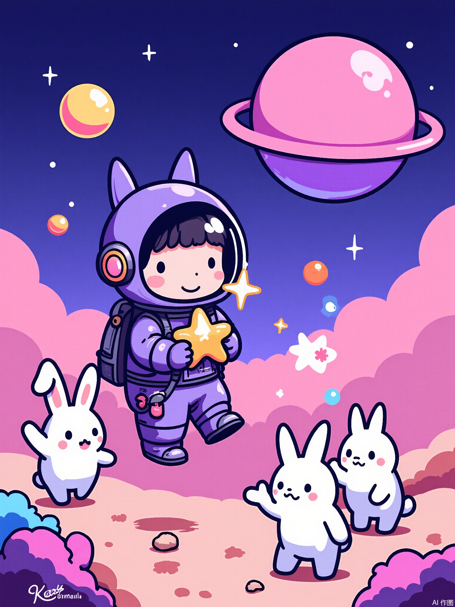 KACT,
A round-cheeked girl in a purple spacesuit floats near a candy-colored asteroid, holding a glowing starfish. Three alien bunnies with antennae bounce beside her, trailing stardust. Simple geometric shapes with neon gradient skies.


