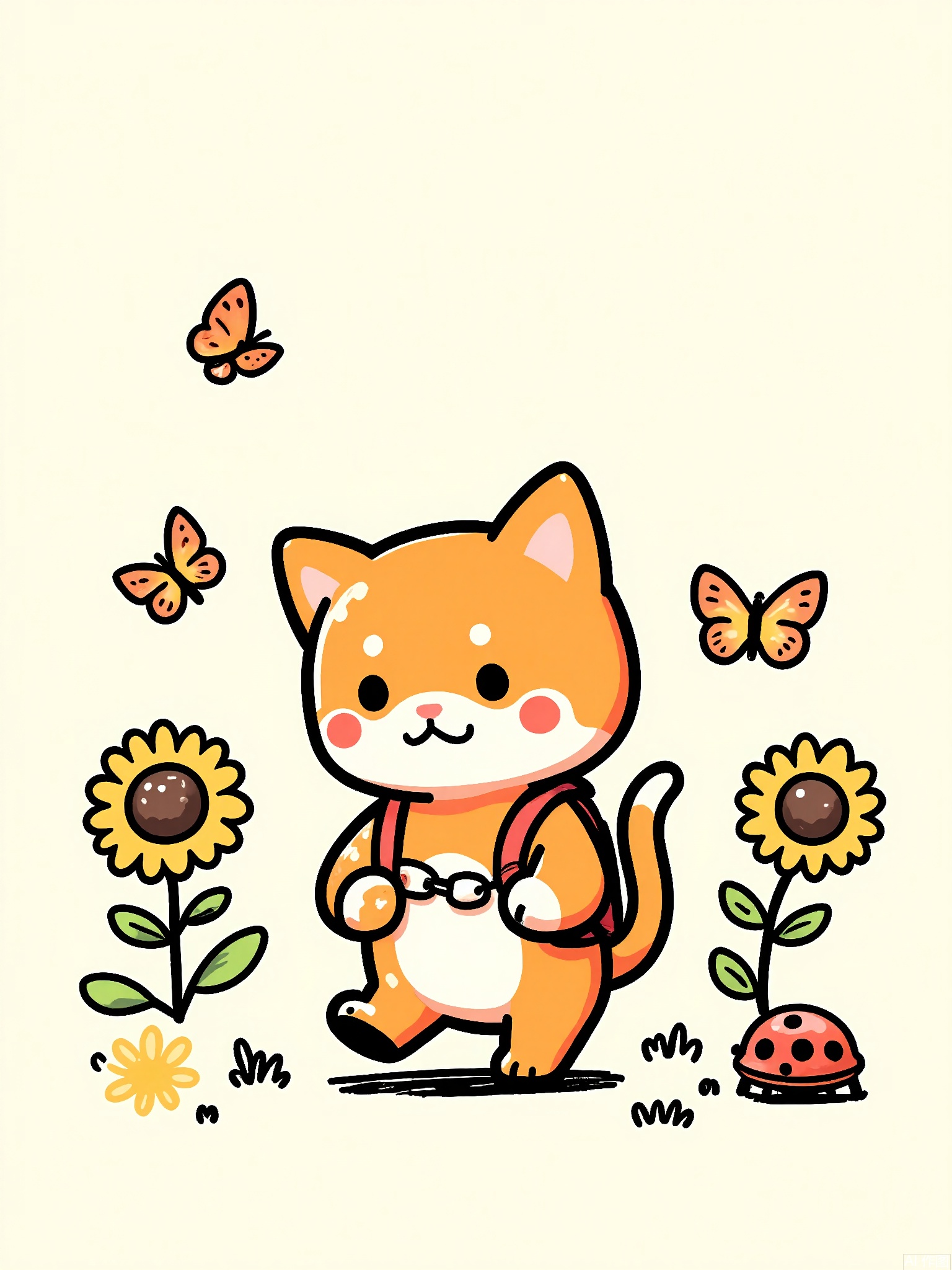 KACT,
A fluffy orange kitten wearing a tiny red backpack wanders through a sunflower field, balancing a daisy chain on its head. Two butterflies with polka-dot wings follow closely, while a ladybug perches on a sunflower stem. Bold black outlines with watercolor splashes.


