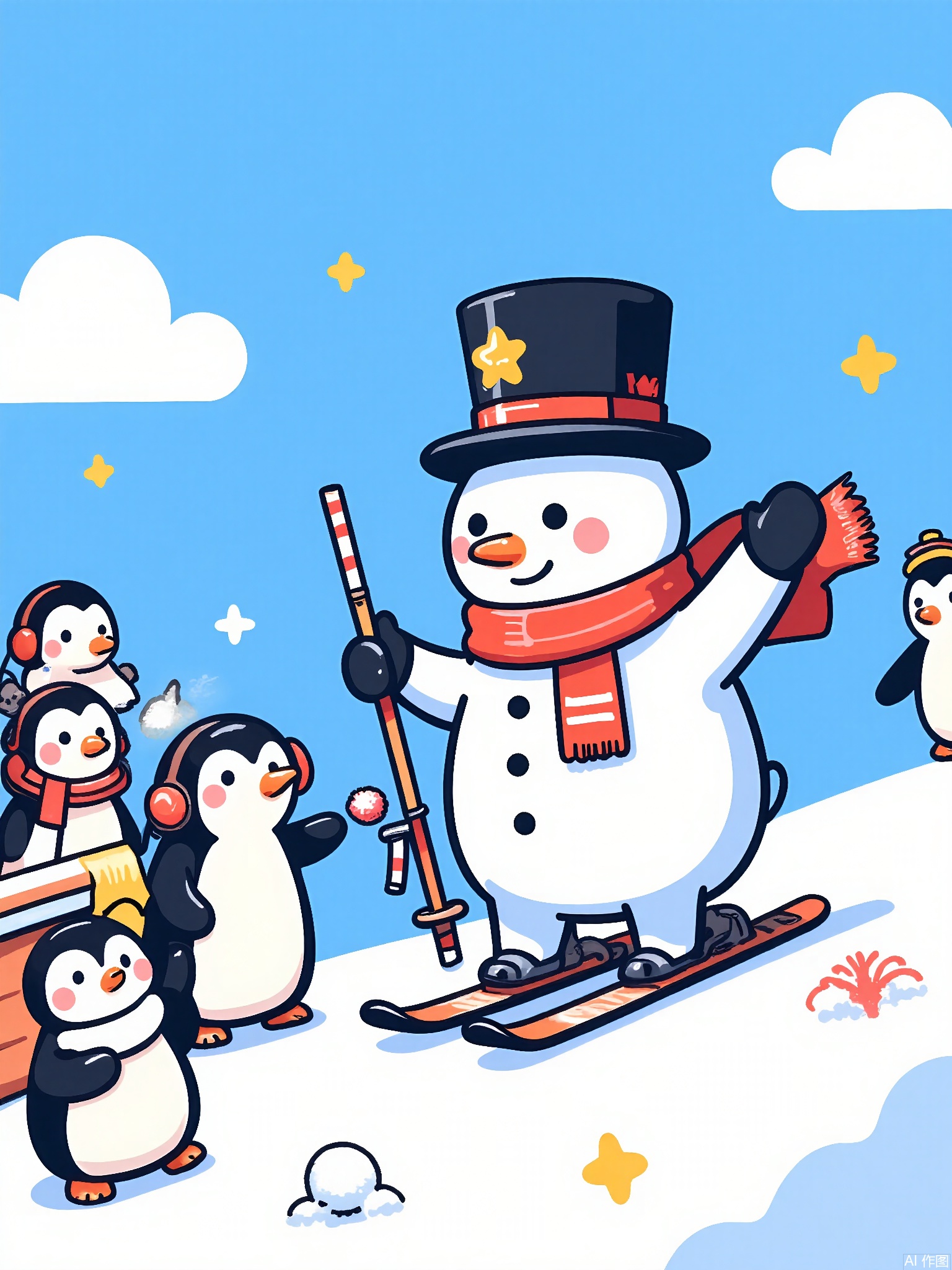KACT,
A snowman in a knitted scarf and top hat skis down a candy-cane slope, holding candy-cane poles. Penguin spectators wear tiny earmuffs and throw snowballs. Winter carnival vibe with confetti accents.

