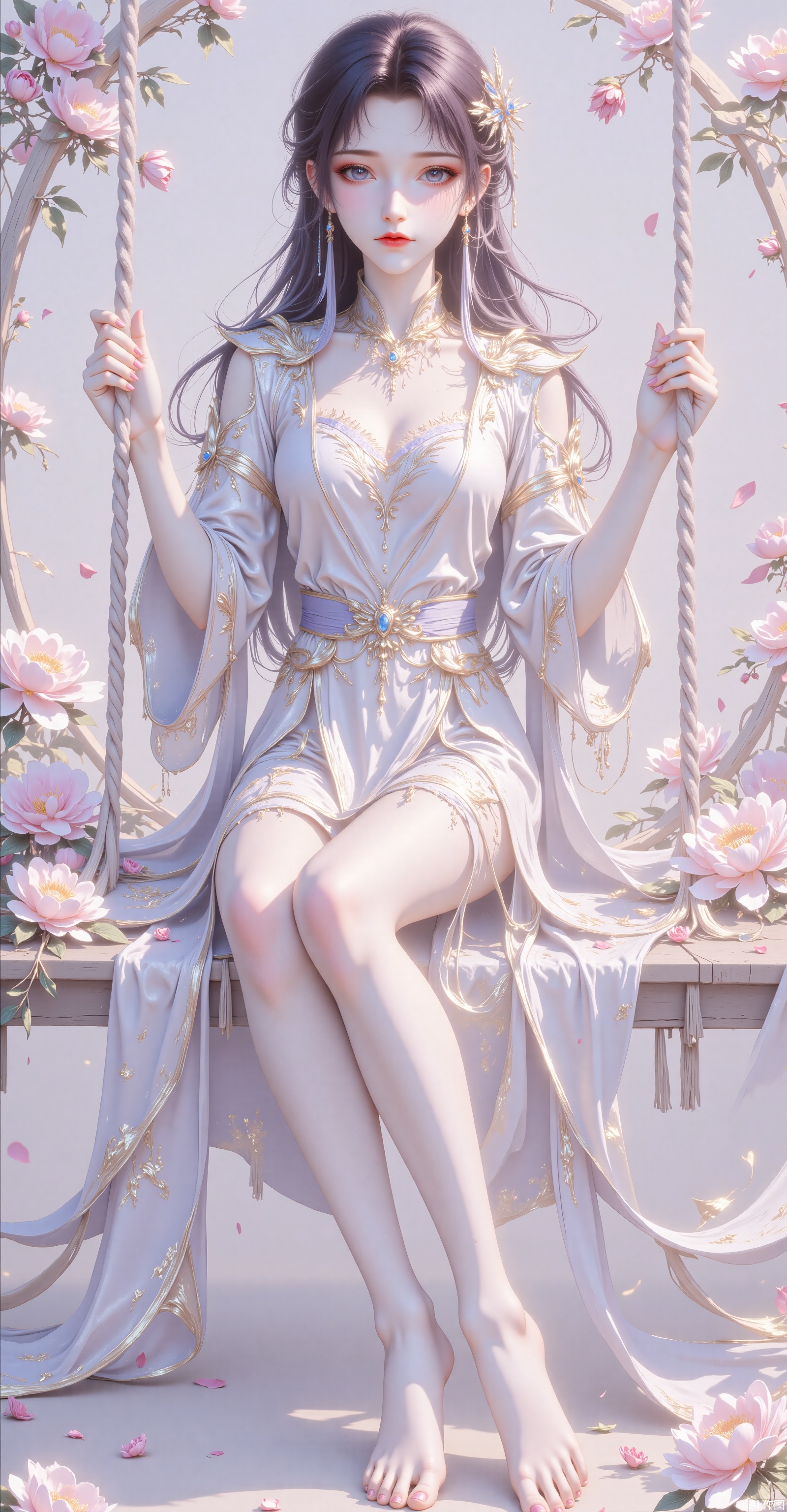 1 girl, solo, long hair, looking at the audience, hair decoration, clothes, exposed shoulders, sitting, full body, flowers, black hair, barefoot, hair flower, feet, transparent, transparent collar, toes, toes, swing