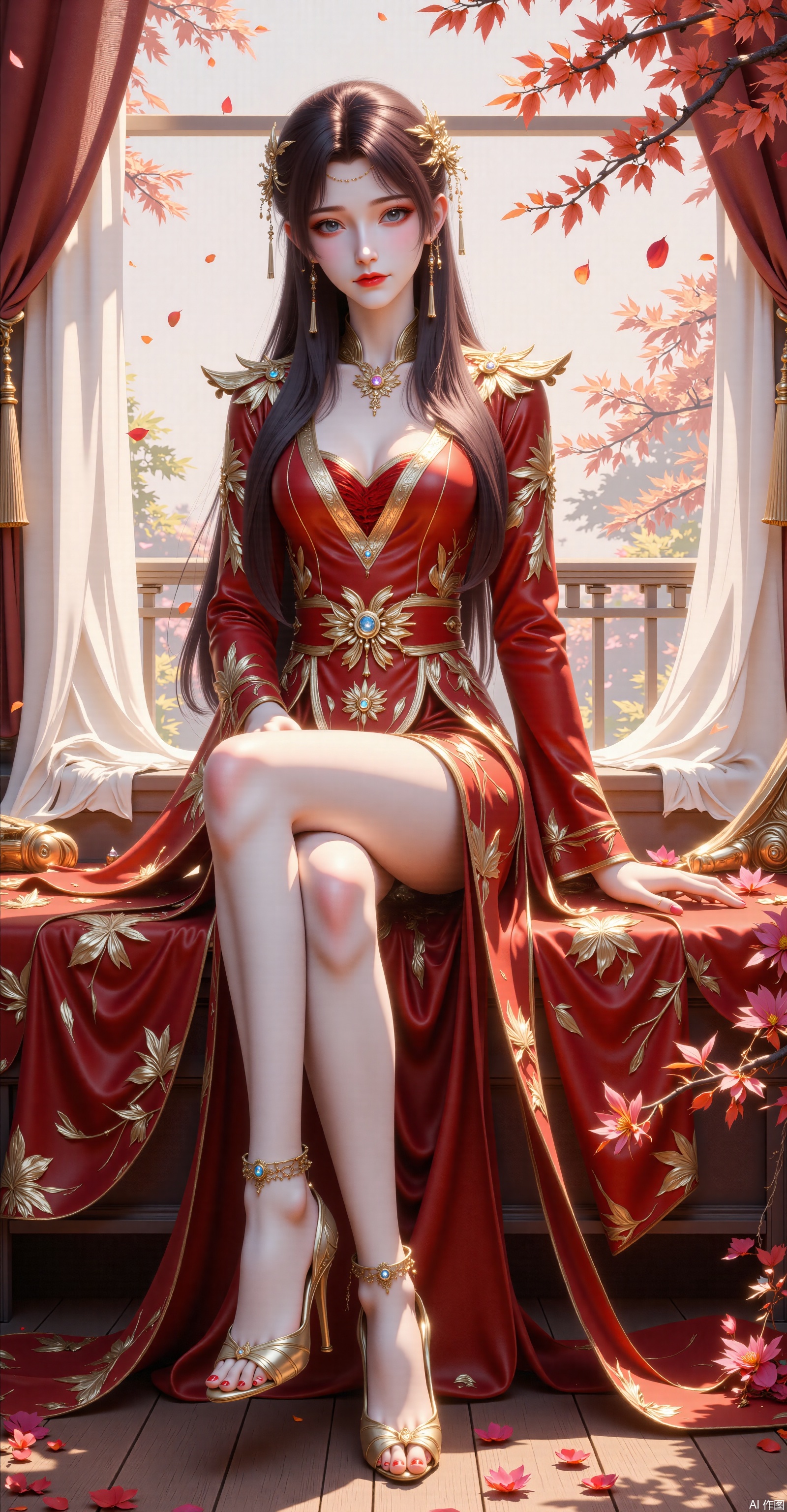 1girl, solo, long hair, black hair, hair ornament, long sleeves, dress, jewelry, sitting, full body, earrings, indoors, necklace, high heels, petals, bare legs, window, leaf, chinese clothes, red dress, crossed legs, curtains, anklet, falling petals, windowsill