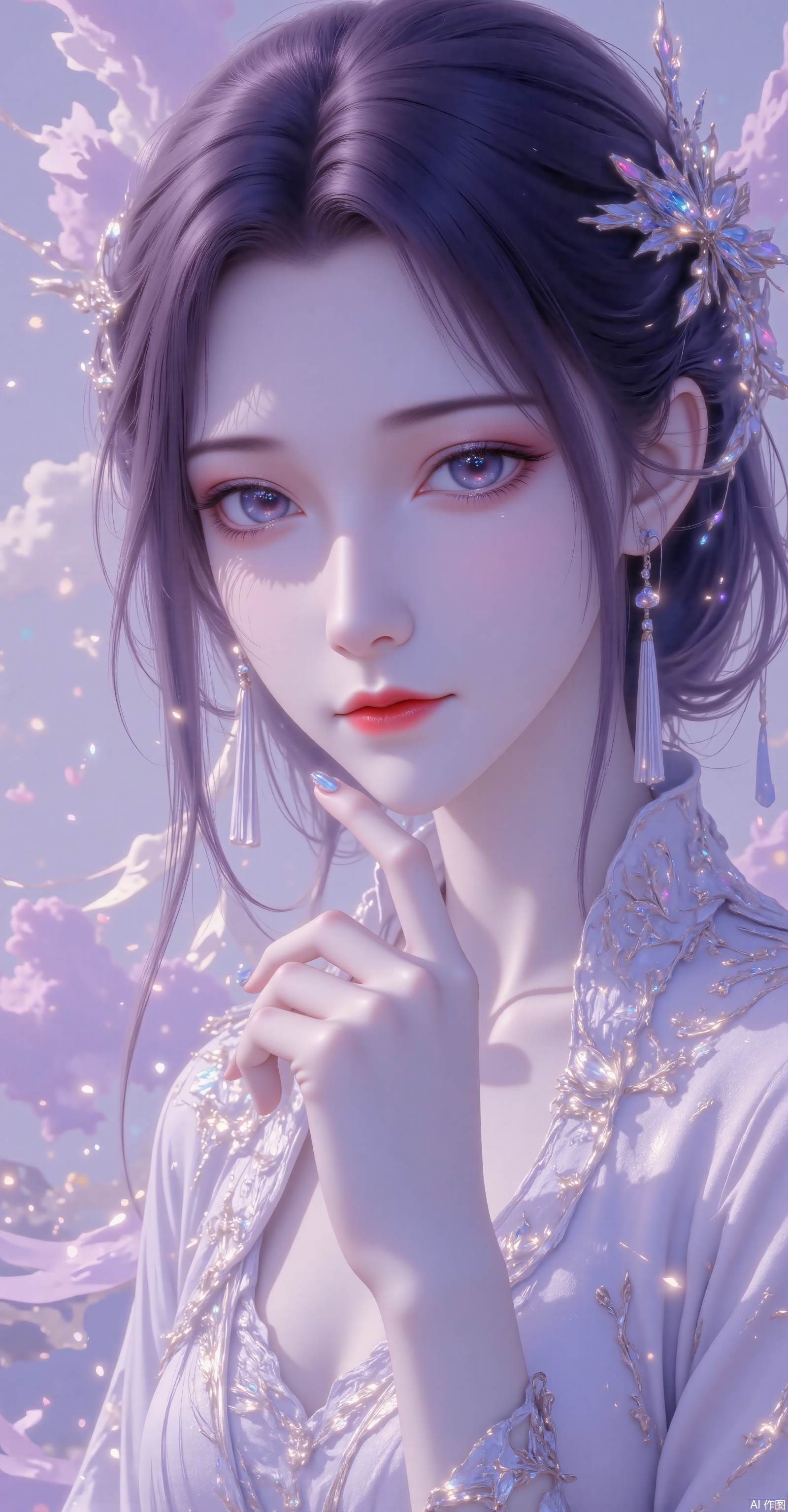 8K masterpiece, ultra HD, award-winning cinematic artwork, Unreal Engine rendering**, a breathtaking solo woman adorned with a gem-encrusted crown, pearl-inlaid earrings and luminous pendant, silky black hair flowing dynamically in the wind, arched eyebrows framing mesmerizing eye makeup with fluttering long eyelashes, graceful figure (elegantly displaying collarbone and neckline), resting her chin thoughtfully with one hand while gazing at the viewer with intriguing eyes. The background features a fantastical purple-blue gradient sky with ethereal drifting clouds, hints of azure blue peeking through, and crystal-clear water droplets suspended magically in the air. **16K ultra-detailed rendering, HDR10+ high dynamic range, professional color gamut calibration, nanometer-level detail sculpting, cinematic lens bokeh, subsurface skin scattering, photon-traced hair rendering, atmospheric perspective effect