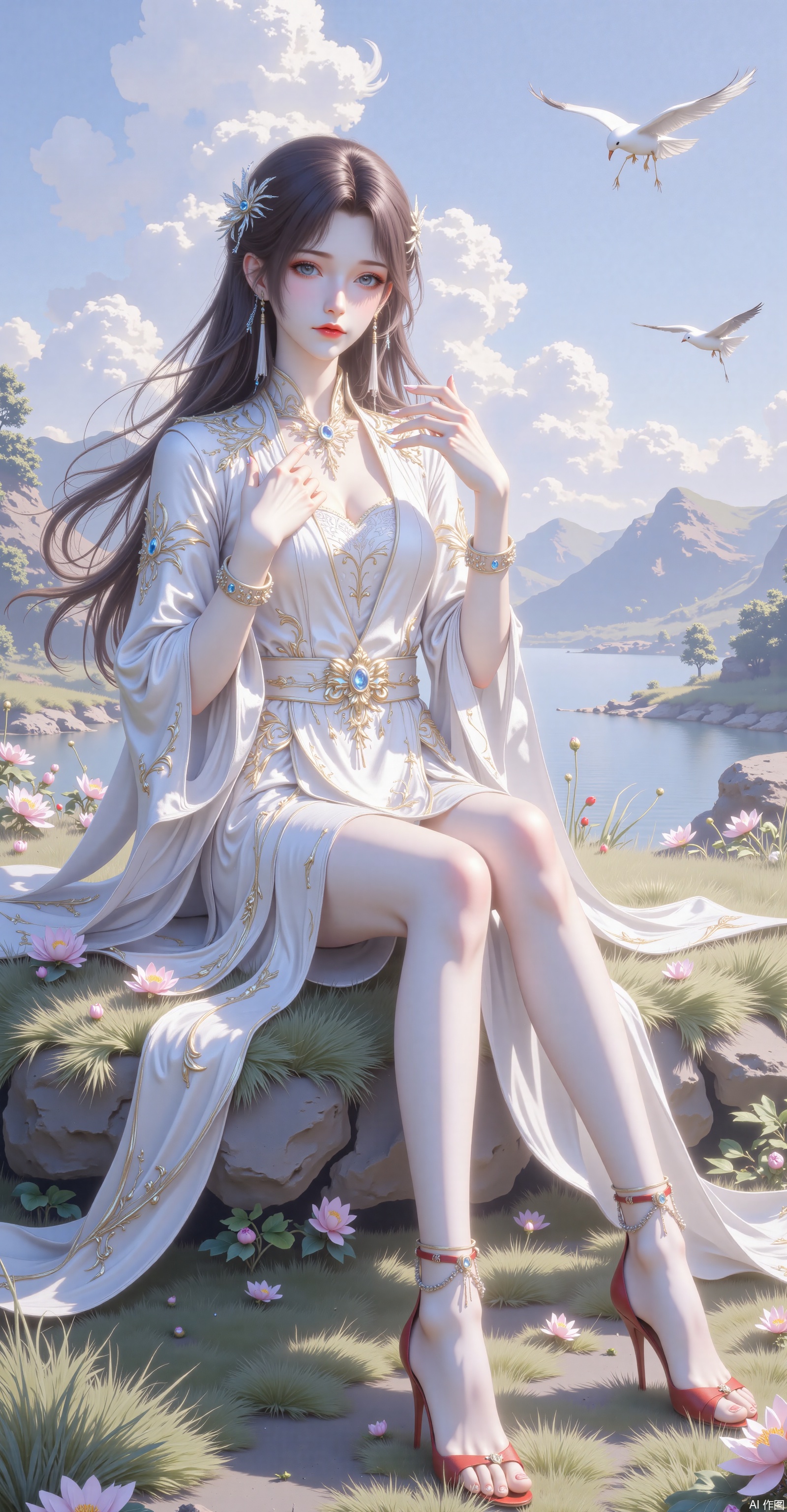 1girl, solo, long hair, looking at viewer, brown hair, hair ornament, dress, jewelry, sitting, full body, flower, earrings, outdoors, sky, cloud, water, white dress, high heels, blue sky, bare legs, bird, grass, red footwear, rock, mountain, anklet